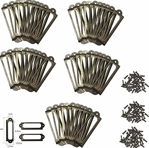 Namvo 50 sztuk uchwytów na etykiety z mosiądzu, metalowych, szafek na akta, szuflady, etykiety, regał, na karty, 60 x 17 mm, ze śrubami do biblioteki biurowej