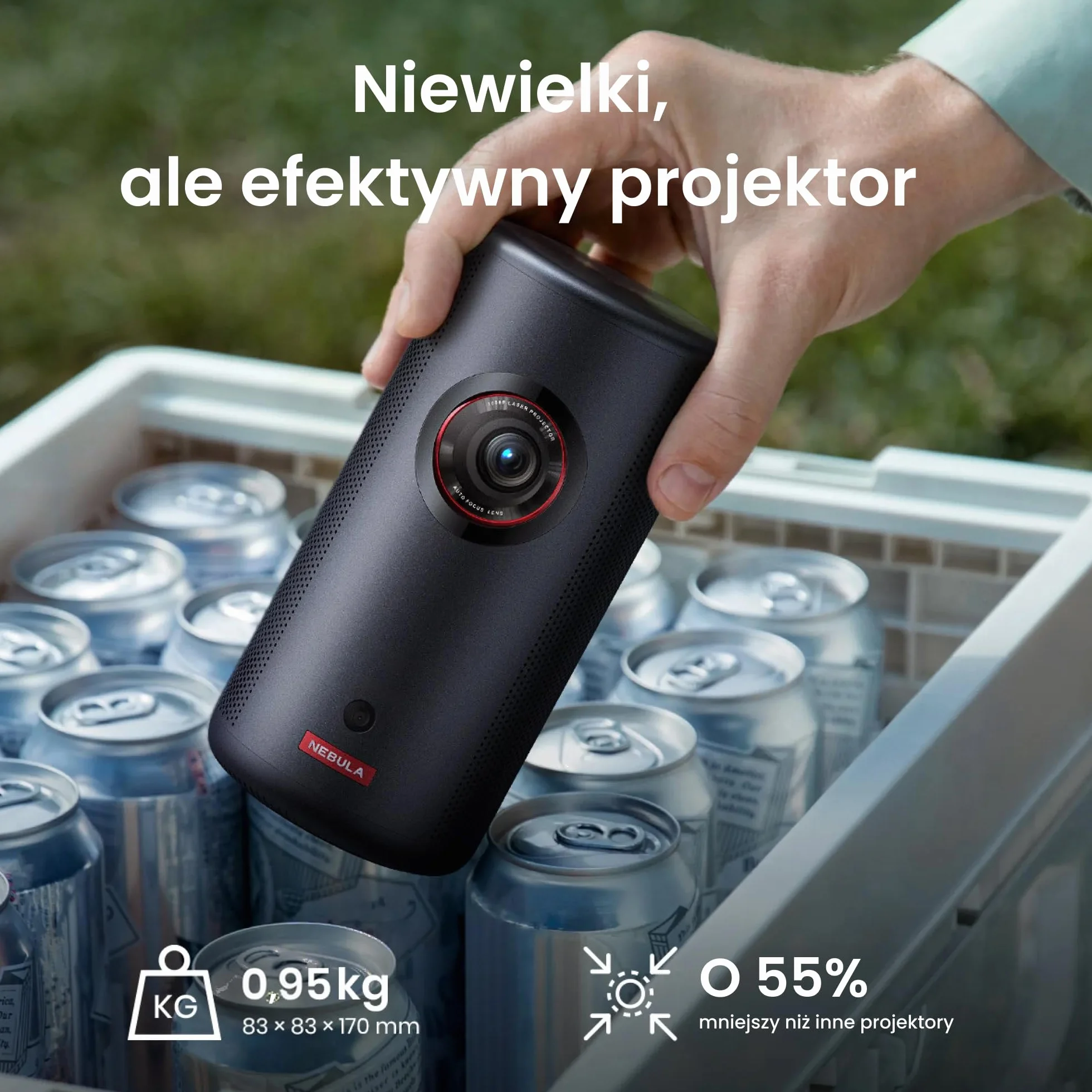 Projektor laserowy NEBULA Capsule 3 GTV, 300 lumenów ANSI, Smart TV 1080p, Wi-Fi, Dolby Digital, autofokus, obraz 120 cali