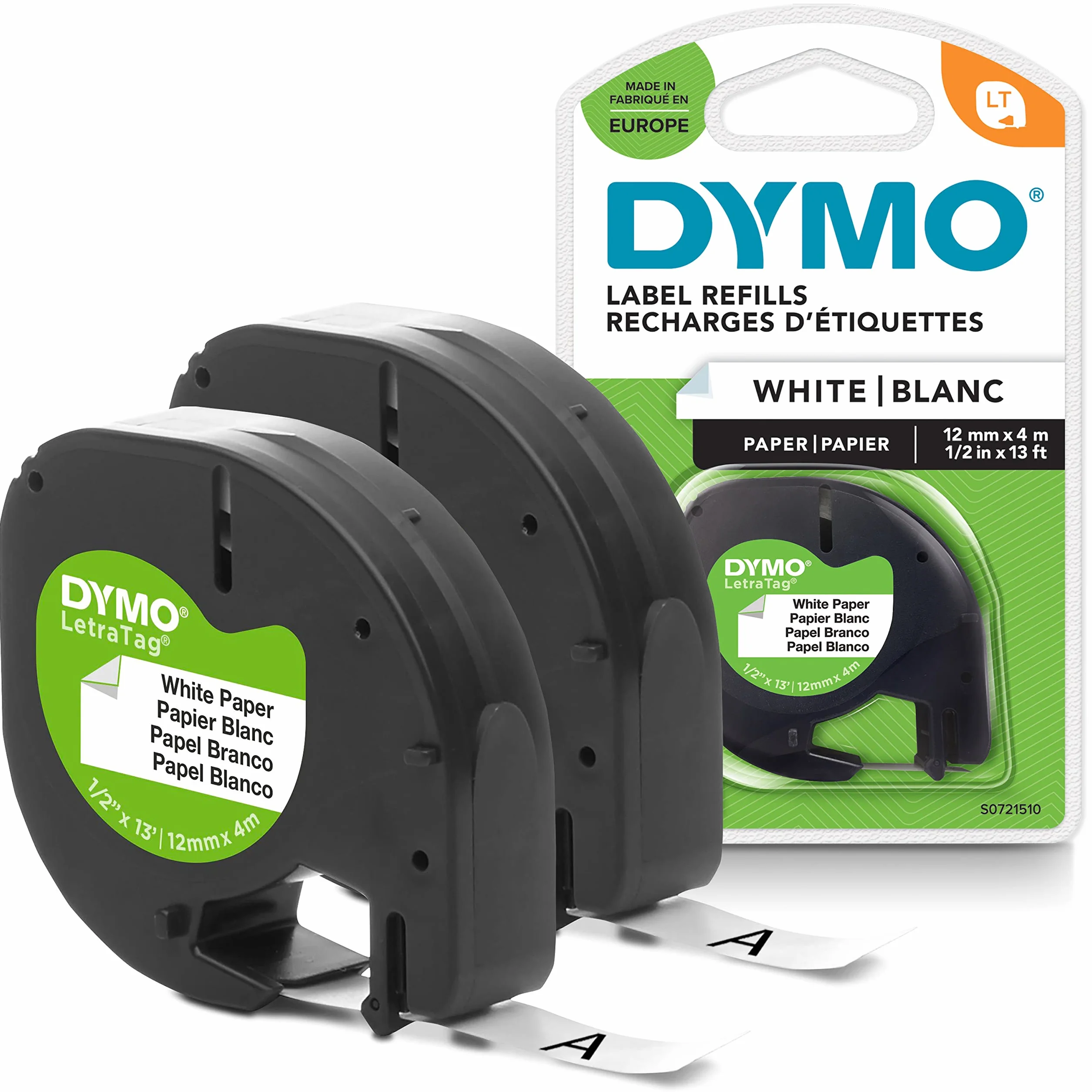 Etykiety papierowe DYMO LetraTag 12 mm x 4 m Czarny druk na białej etykiecie Samoprzylepne 2 szt.