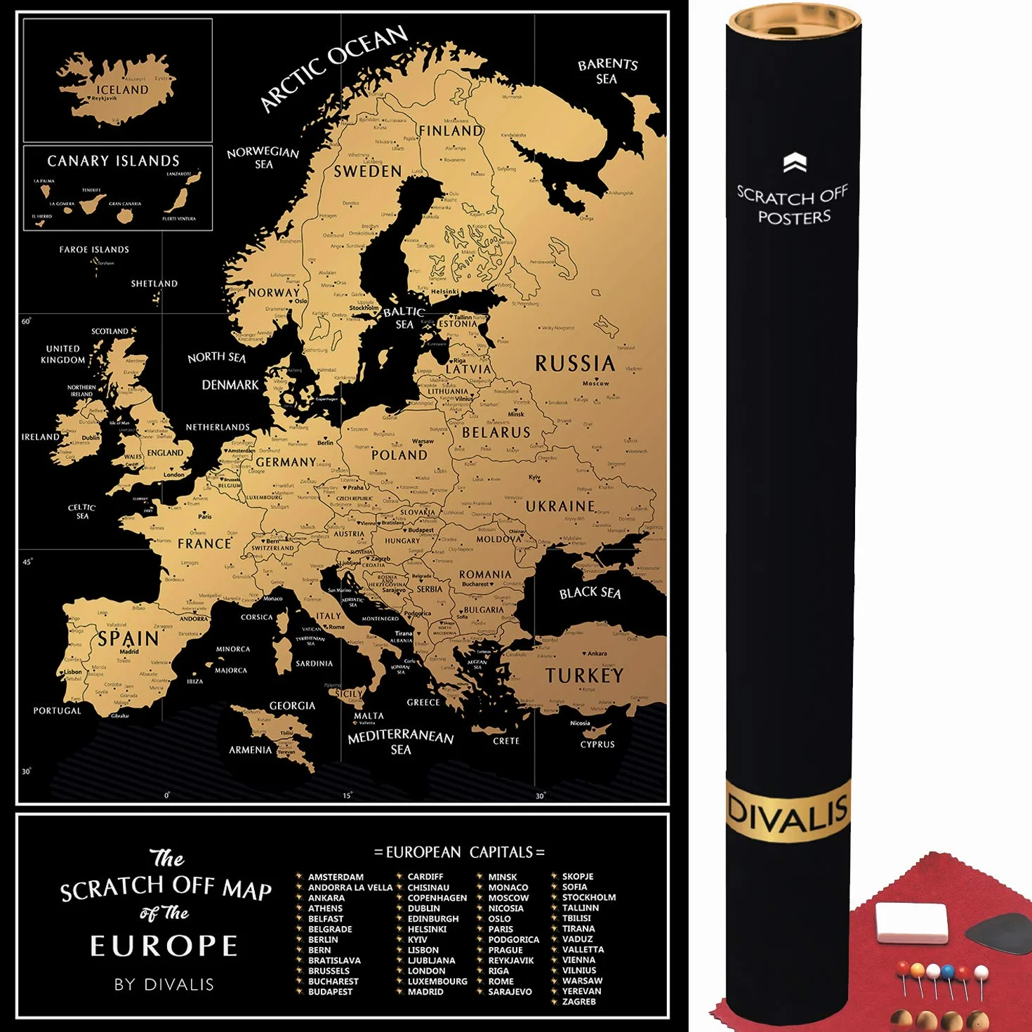 Mapa Europy do zdrapywania 24x16 plakat z miastami czarno-złota przypinka podróżne mapy ścienne Europa z drapakiem