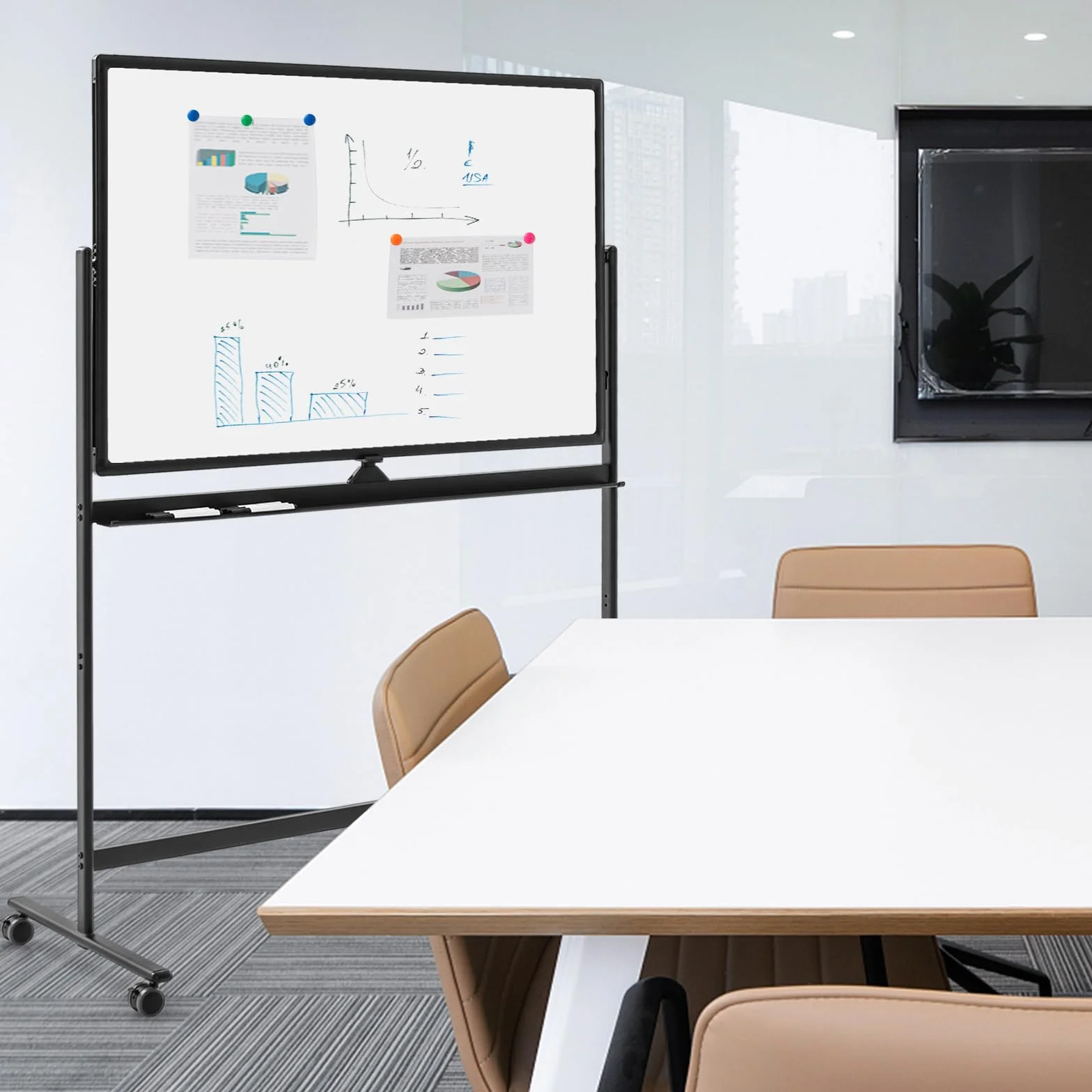 COSTWAY Dwustronna tablica suchościeralna magnetyczna 120 x 80 cm z kółkami i stojakiem