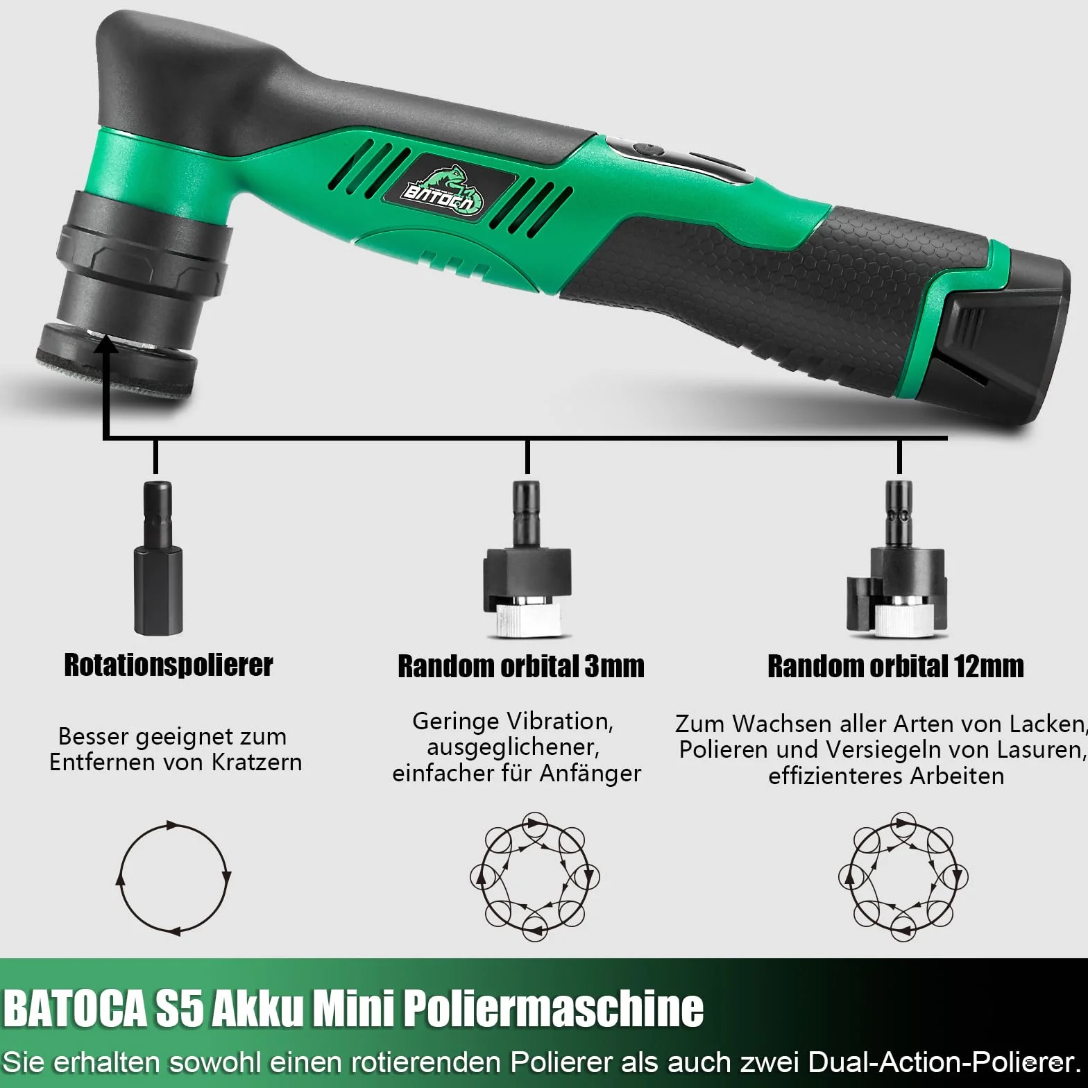 BATOCA S5 mini maszyna do polerowania akumulatora, rotacyjna i mimośrodowa, zestaw do polerowania samochodu z 2 bateriami 12 V 2,0 Ah, talerz polerski 25 mm/50 mm/75 mm, do detali samochodu, zestaw do
