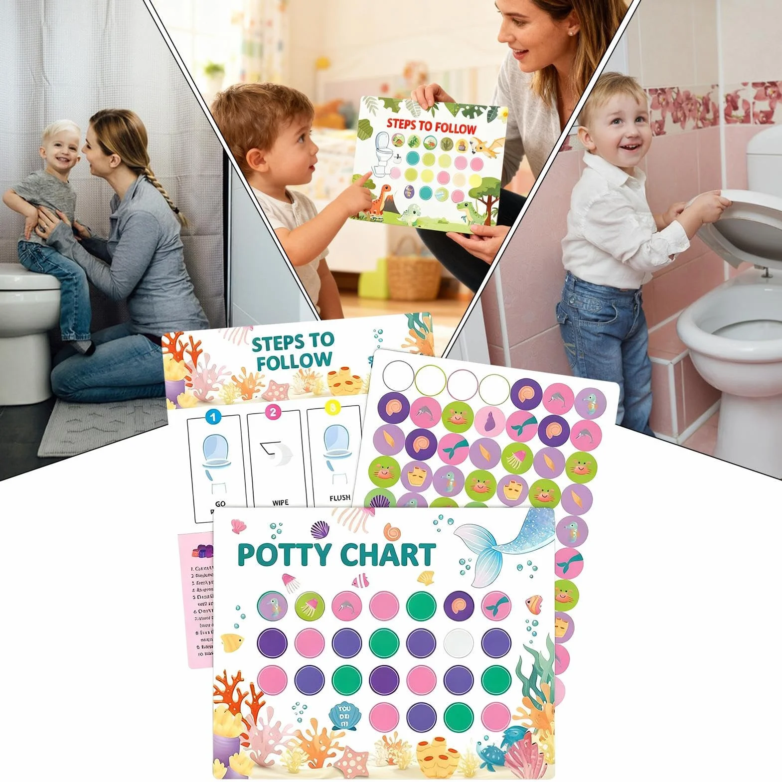 Potty Training Chart, interaktywny motywacyjny trener toaletowy, zabawny wykres naklejek na nagrodę, narzędzie rozwojowe dla dzieci, akcesoria dla dzieci w wieku 2-4 lat, dla dziewczynek, chłopców i