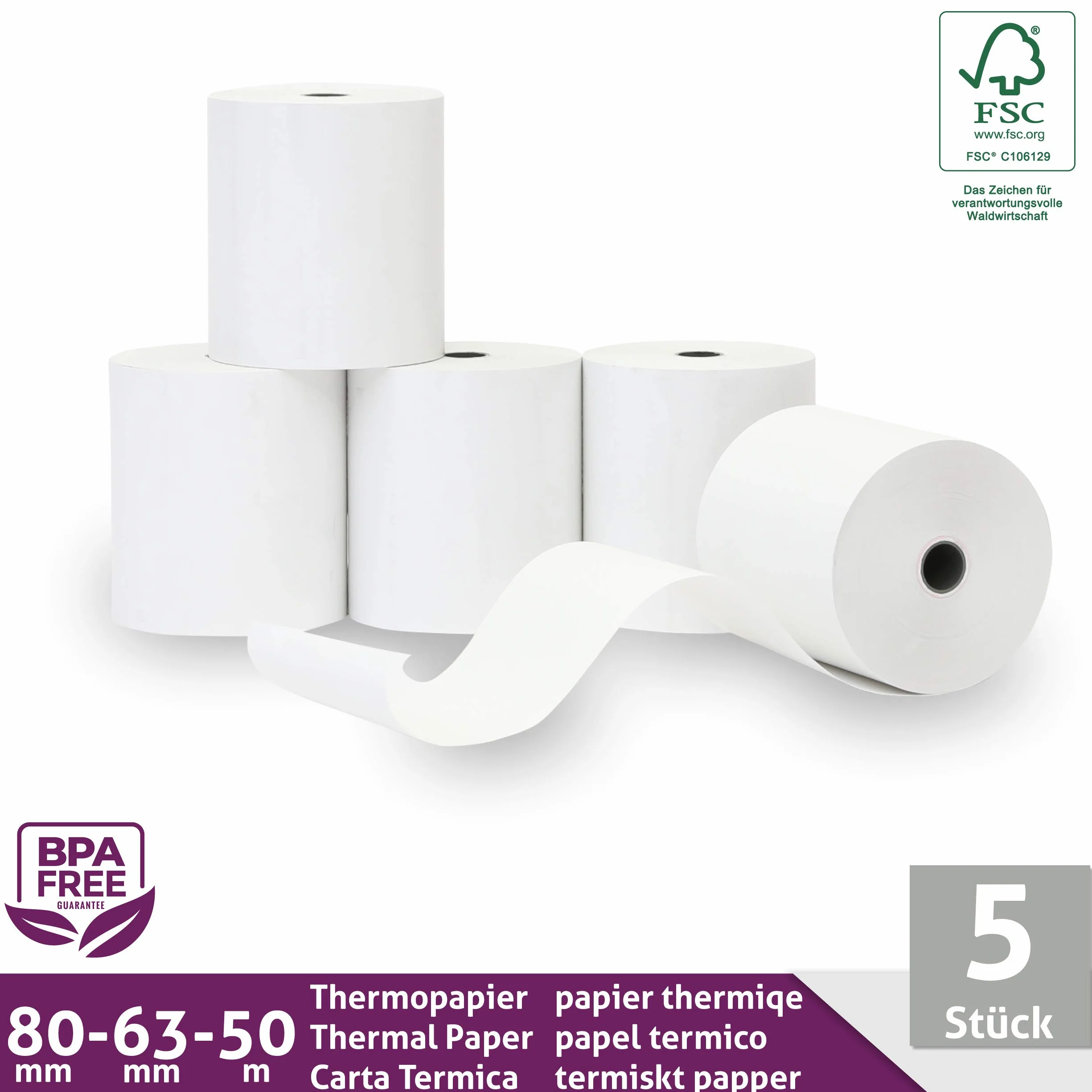 5 sztuk rolek termicznych/rolek do bonów/rolek kasowych 80 mm x 80 m x 12 mm (80 x 80 x 12) do wszystkich powszechnie stosowanych drukarek atramentowych z papieru termicznego – nie zawiera BPA (B: 80 mm – Ø 63 mm x 50 m – 5 sztuk)