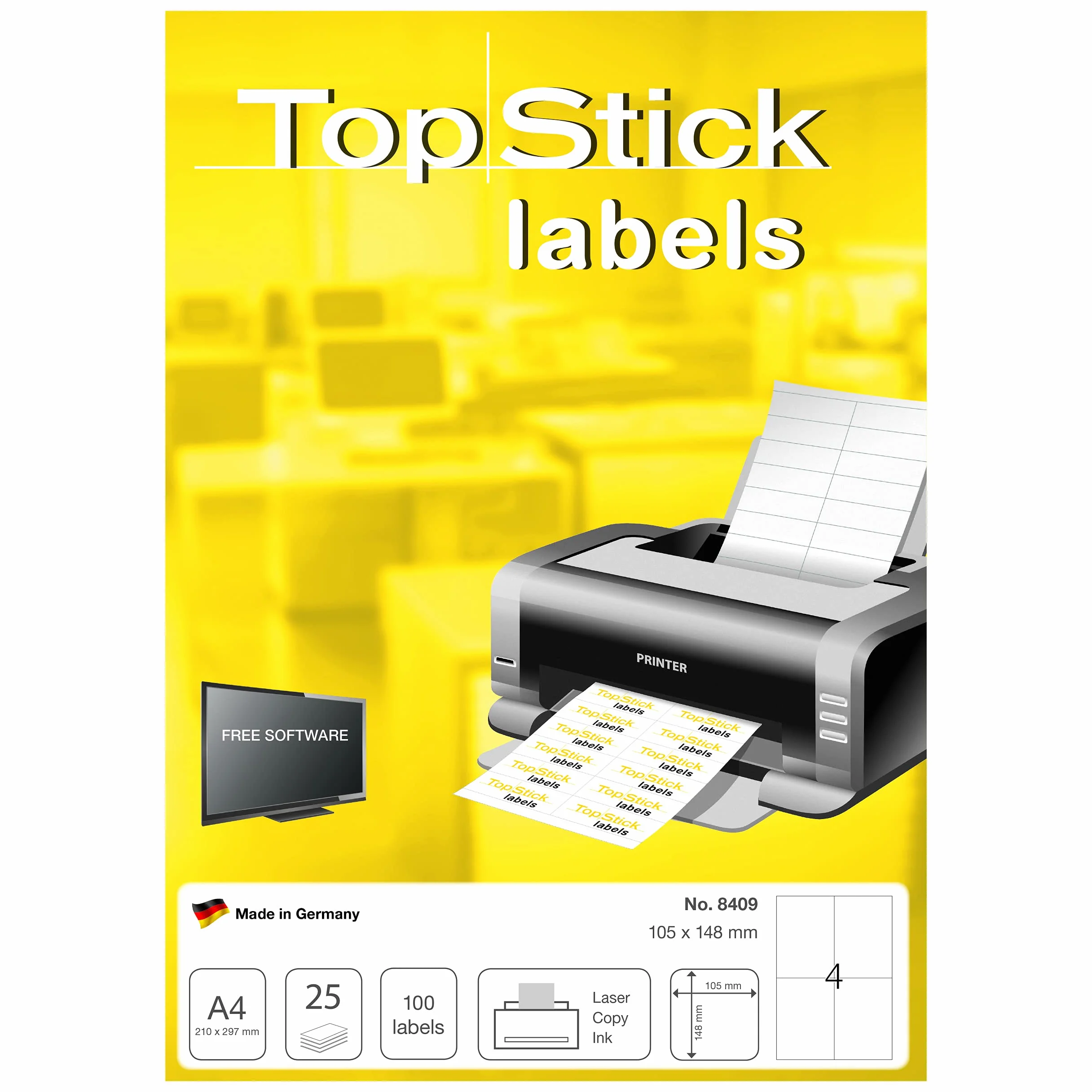 TopStick 8409 Uniwersalne etykiety, 25 arkuszy, 105 x 148 mm, 4 na arkusz A4, 100 sztuk, samoprzylepne, nadają się do zadrukowania, matowe, nieprzezroczyste naklejki samoprzylepne, białe