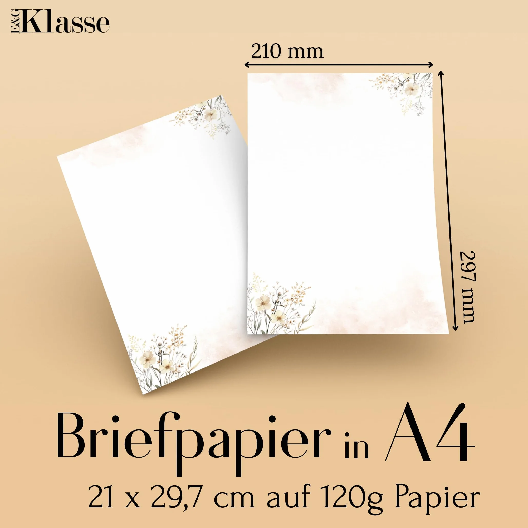 20x Papier listowy z motywem kwiatów z 10 kopertami w kolorze beżowym E&G Klasse dla dorosłych A4 Pastelowy beżowy Papier na zaproszenia Papier listowy w stylu przyrody Papier do korespondencji
