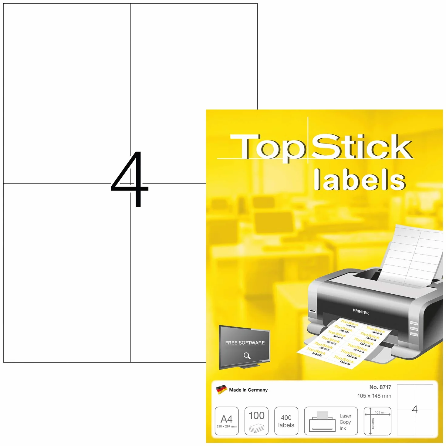TopStick 8717 Uniwersalne etykiety, 100 arkuszy, 105 x 148 mm, 4 w arkuszu A4, 400 sztuk, samoprzylepne, do zadrukowania, matowe, czyste papierowe, białe