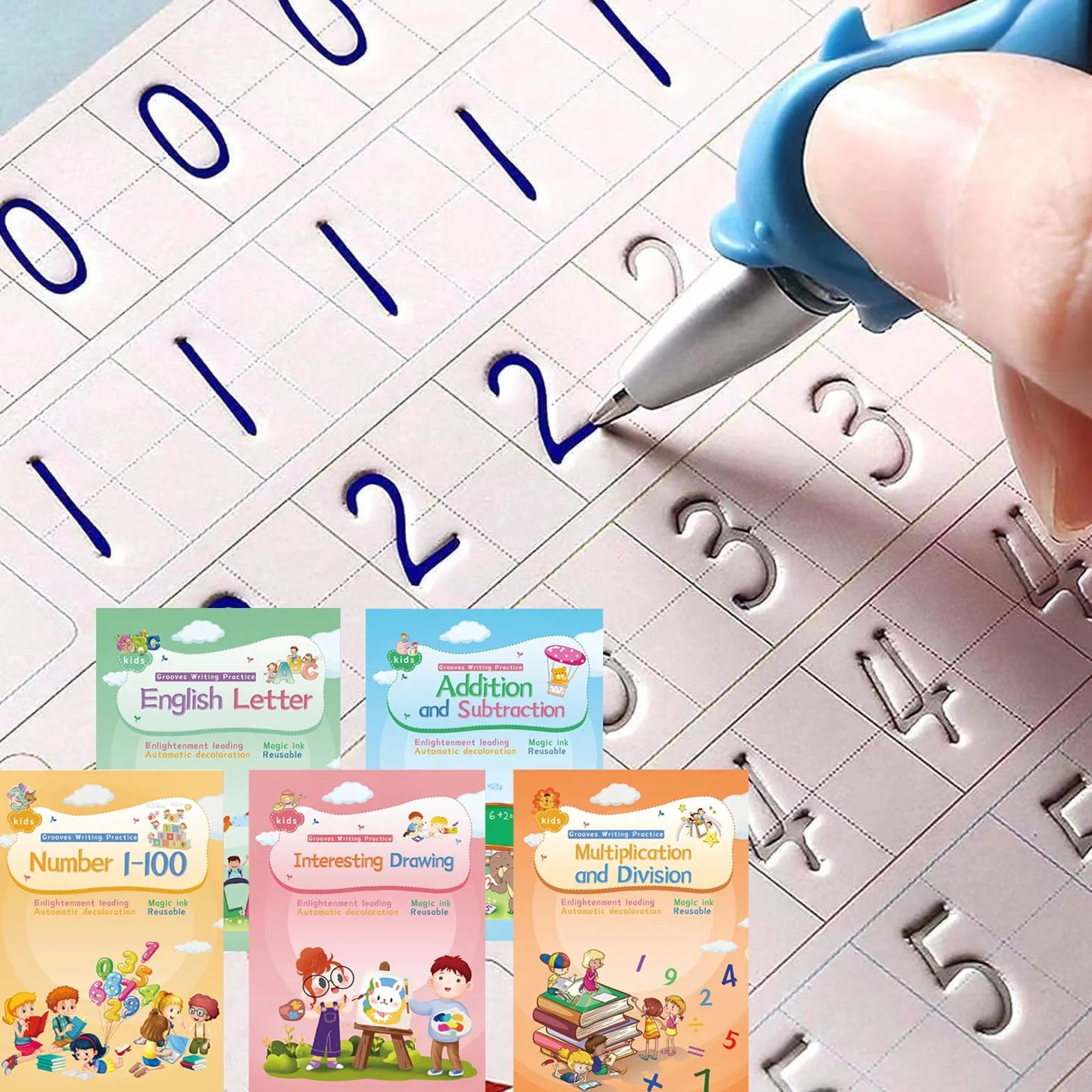 Magiczne zeszyty do pisania odręcznego zeszyt do ćwiczeń, pomoc, magiczne pióro, wielokrotnego użytku, wzór z rowkami dla dzieci (4 książki, 25,9×18,3 cm)