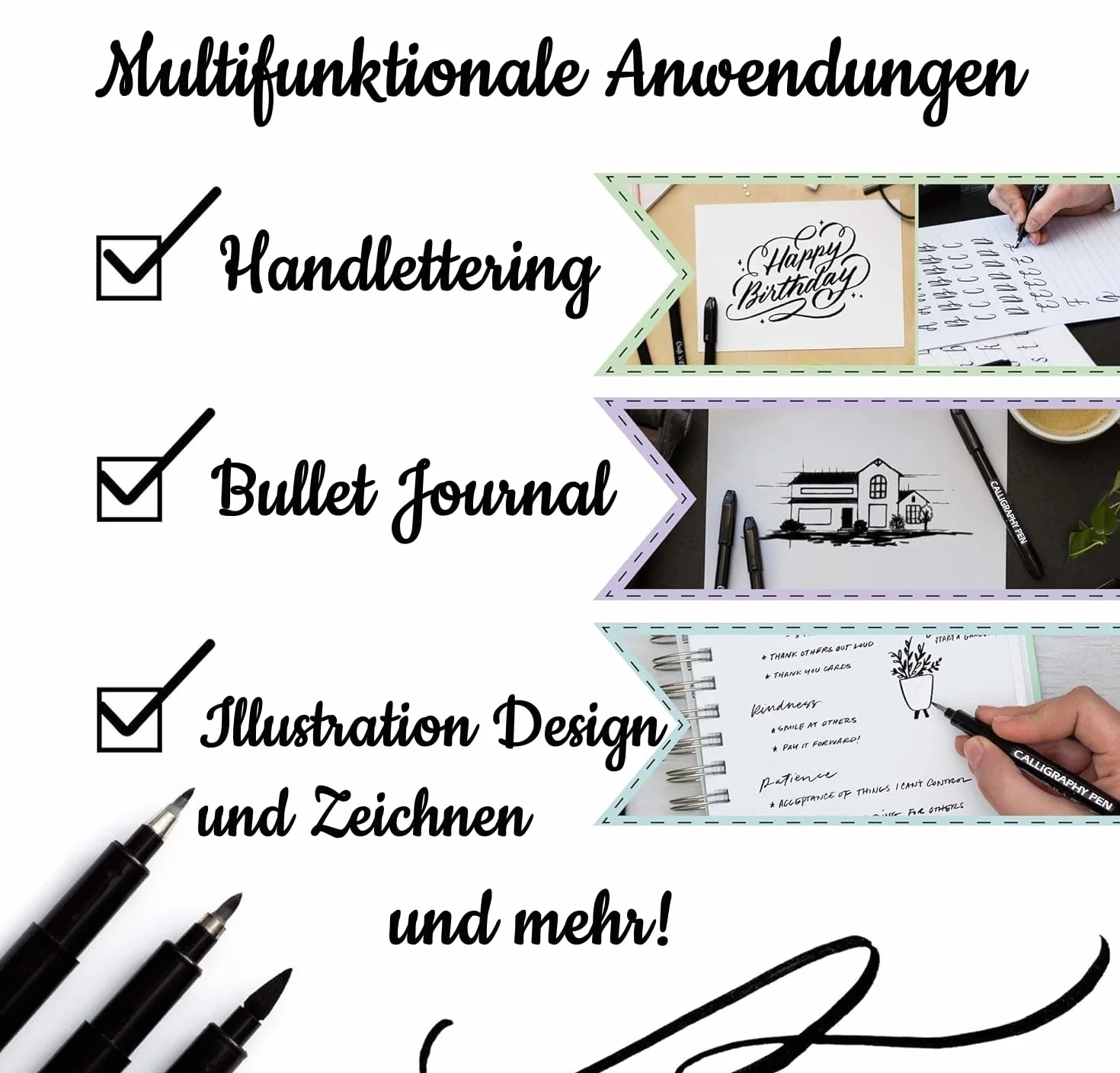 Pióra do kaligrafii 6 sztuk szybkoschnące 4 rozmiary czarne pisaki do ręcznego pisania dla początkujących Bullet Journal Diary