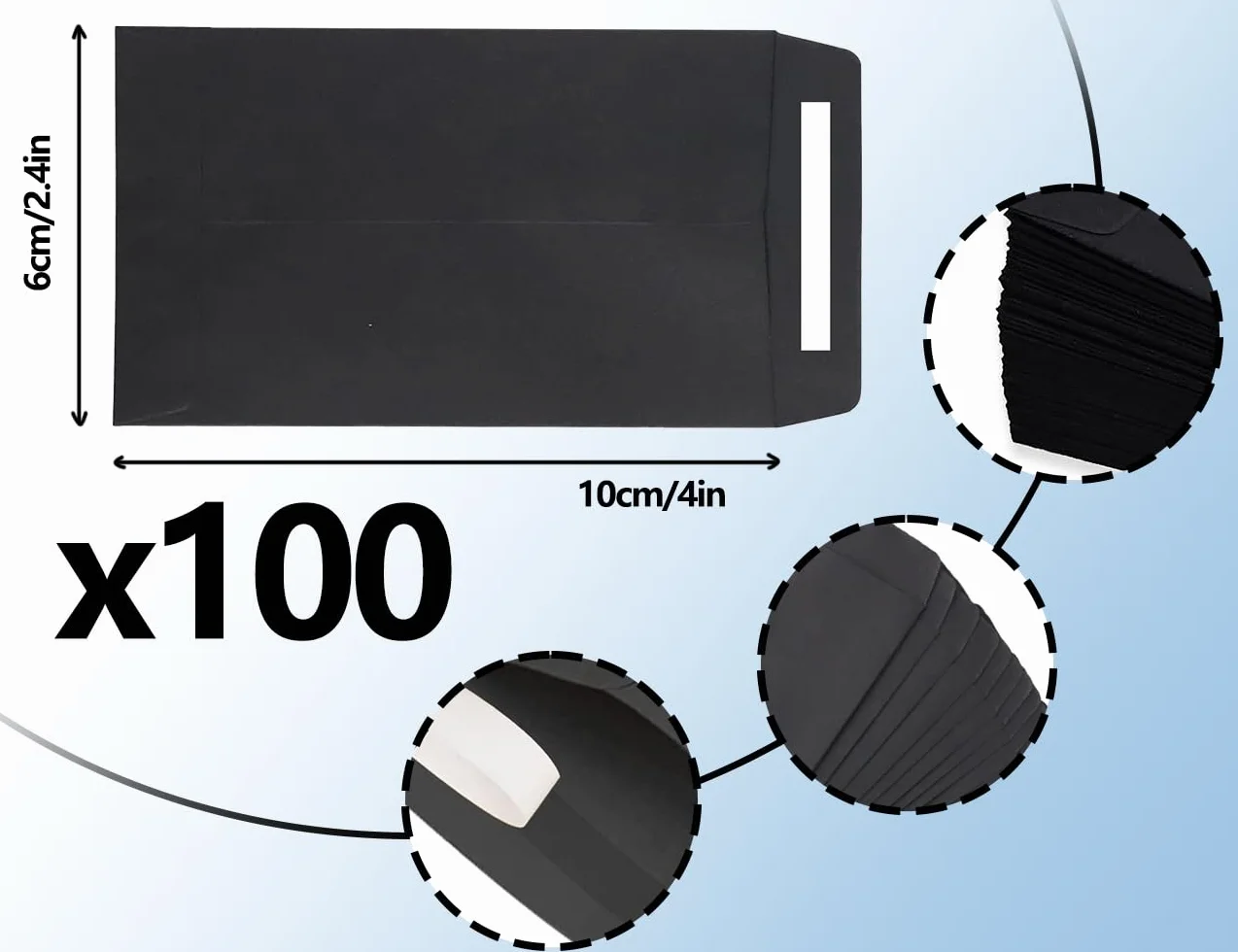 KAPSING 100 sztuk czarne małe samoprzylepne torby papierowe typu kraft mini torebki na nasiona, wynagrodzenie, monety (10 x 6 cm/3,9 x 2,4 cala)