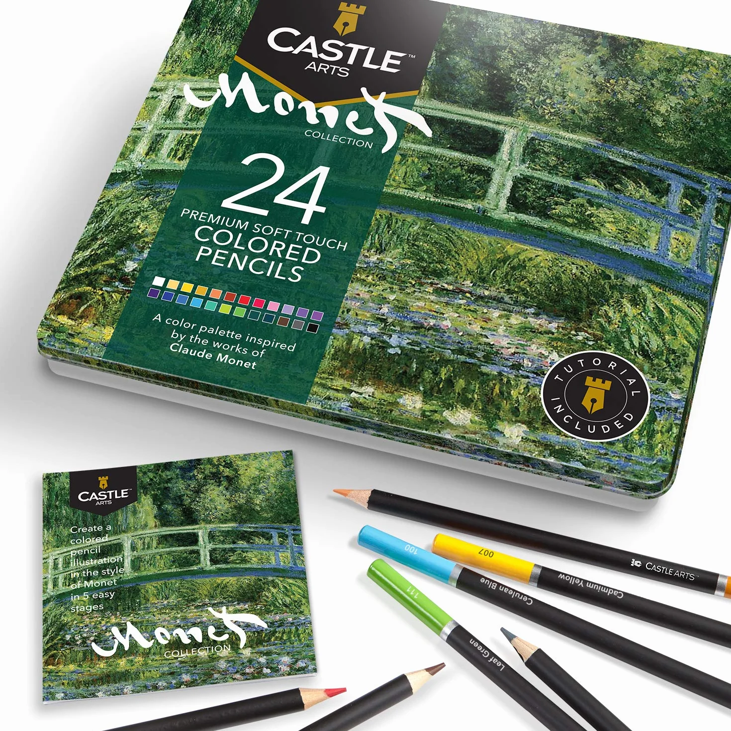 Castle Arts tematyczny zestaw 24 kolorowych ołówków w blaszanym pudełku, idealne kolory inspirowane "Monet". Zawiera wysokiej jakości, gładkie kolorowe rdzenie, doskonałą wydajność mieszania i warstw,