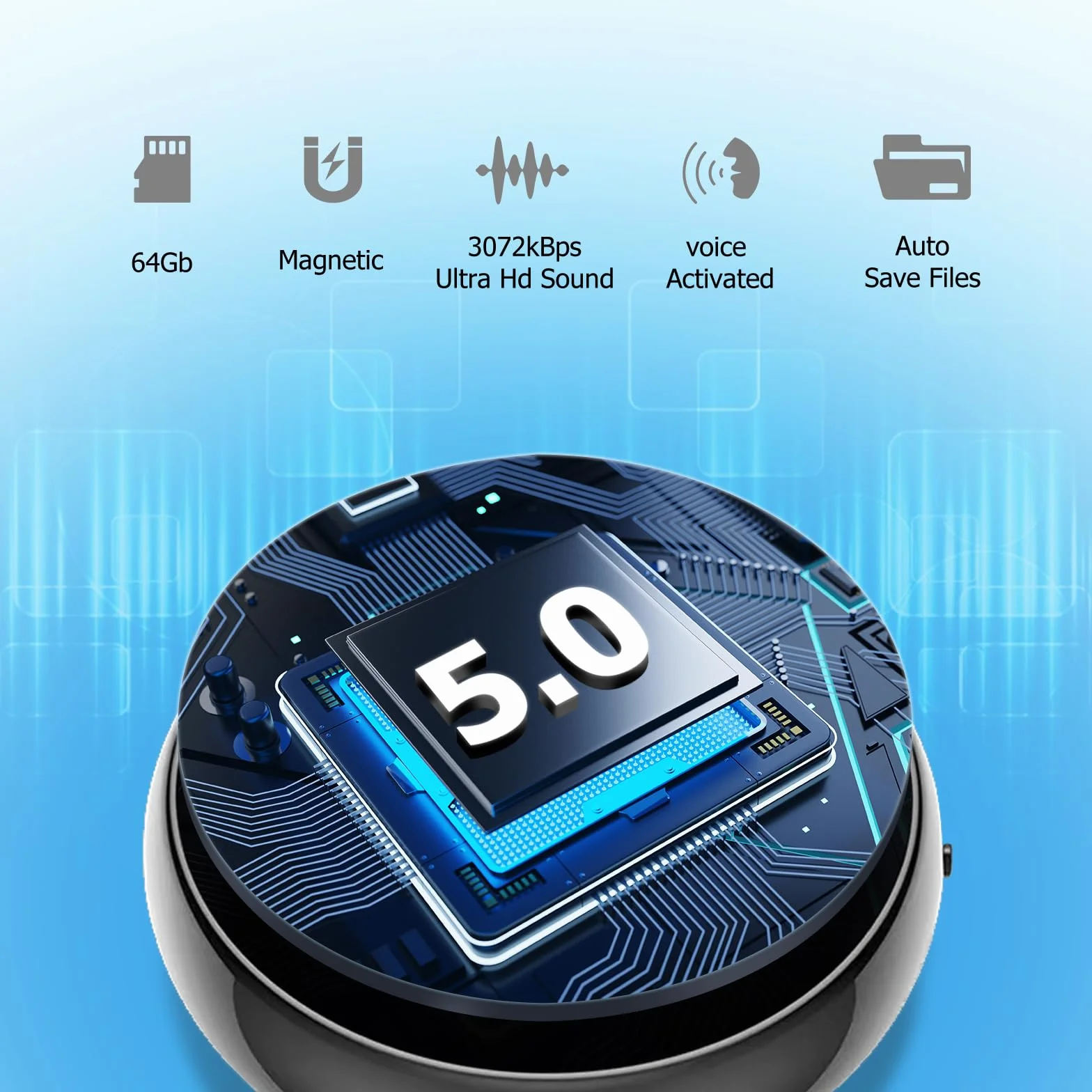 Hinne Mini dyktafon 64 GB, aktywacja głosem, nagrywanie 800 h, interfejs 3,5 mm