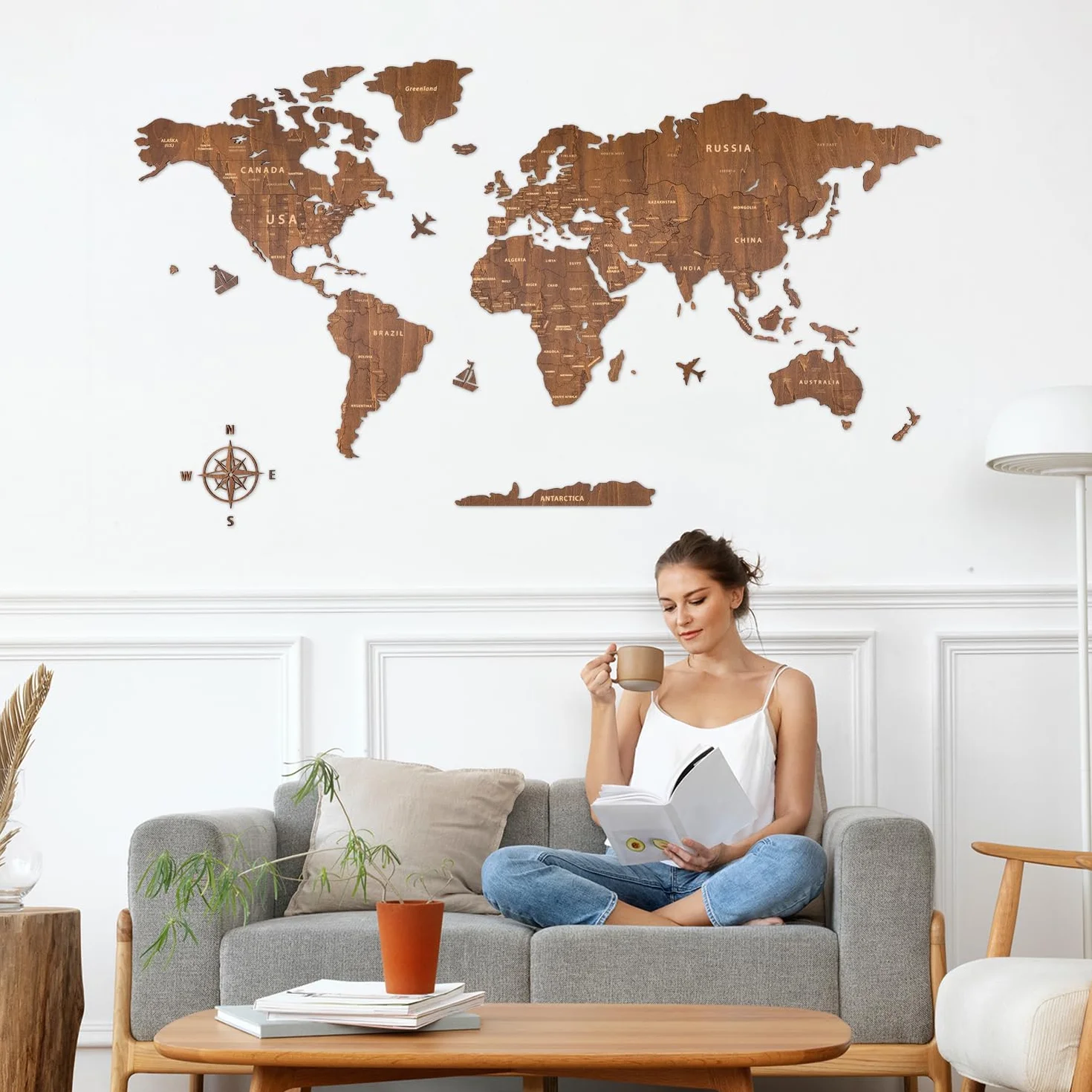 Creawoo Drewniana mapa świata Wall Art, orzechowe drewno mapa podróży do salonu, sypialni, dekoracji biura, idealny prezent dla pary, Housewarming (150x85cm)