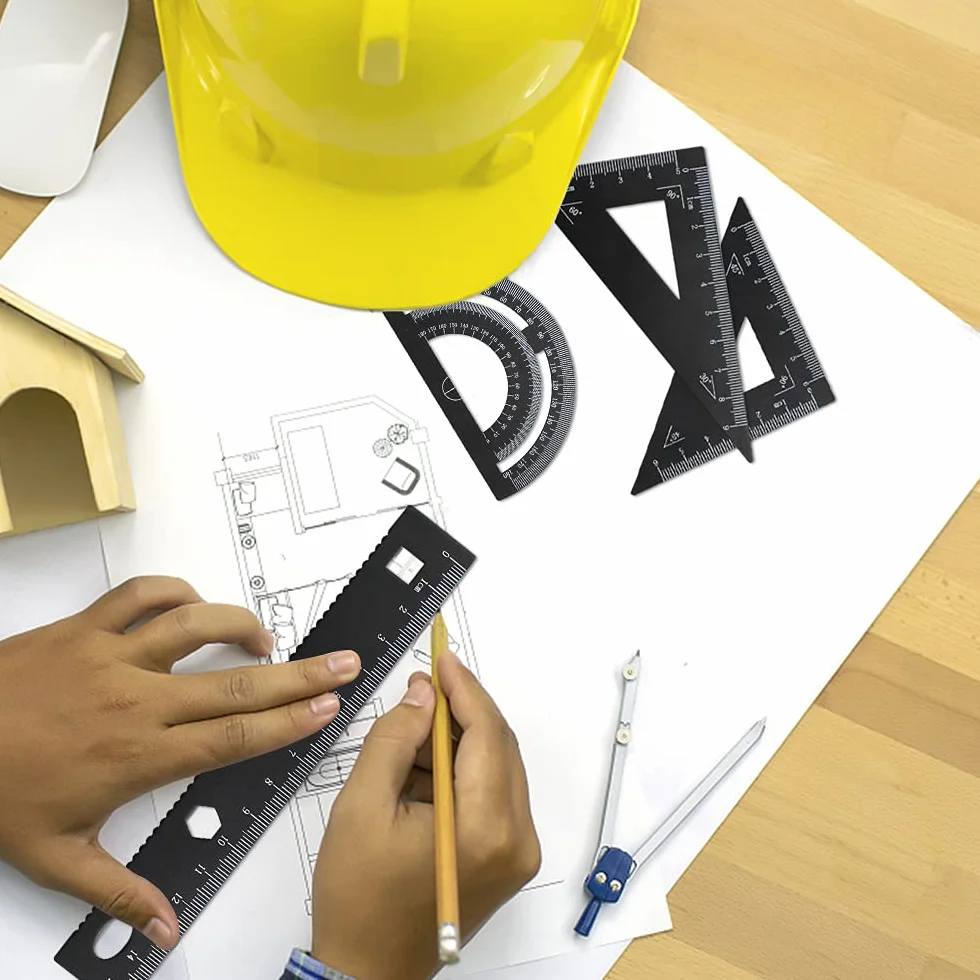 4-częściowy zestaw linijek ze stopu aluminium, linijka matematyczna, zestaw narzędzi geometrycznych, kątomierz, artykuły studenckie, 4 w jednym, pomiar dla nauczyciela, ucznia, rysowania i