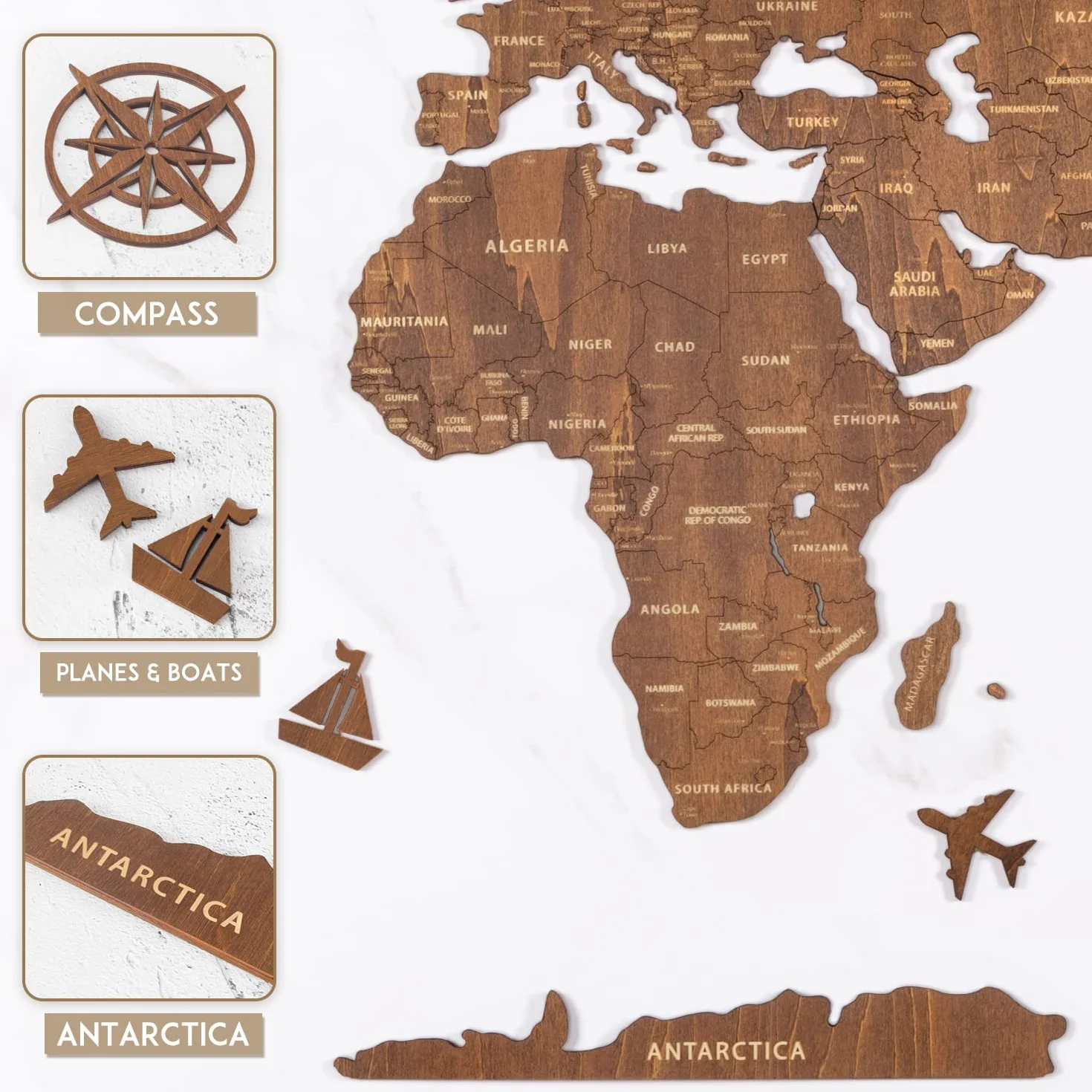 Creawoo Drewniana mapa świata Wall Art, orzechowe drewno mapa podróży do salonu, sypialni, dekoracji biura, idealny prezent dla pary, Housewarming (150x85cm)