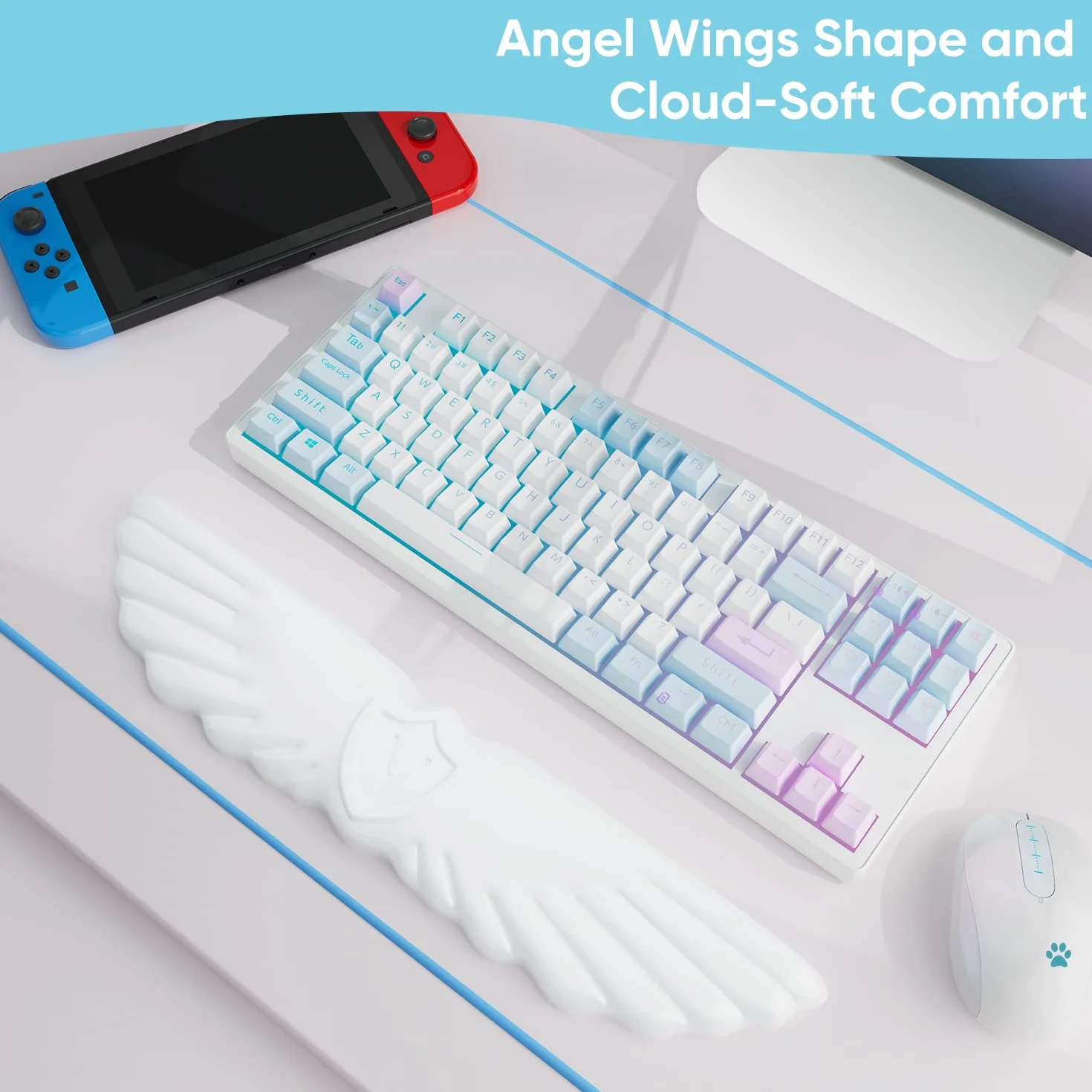 Podkładka Pod Nadgarstek Angel Wing Cloud Keyboard Ergonomiczna Antypoślizgowa Miękka Skórzana Pianka Z Pamięcią Kształtu 1-Skrzydłowa Biała