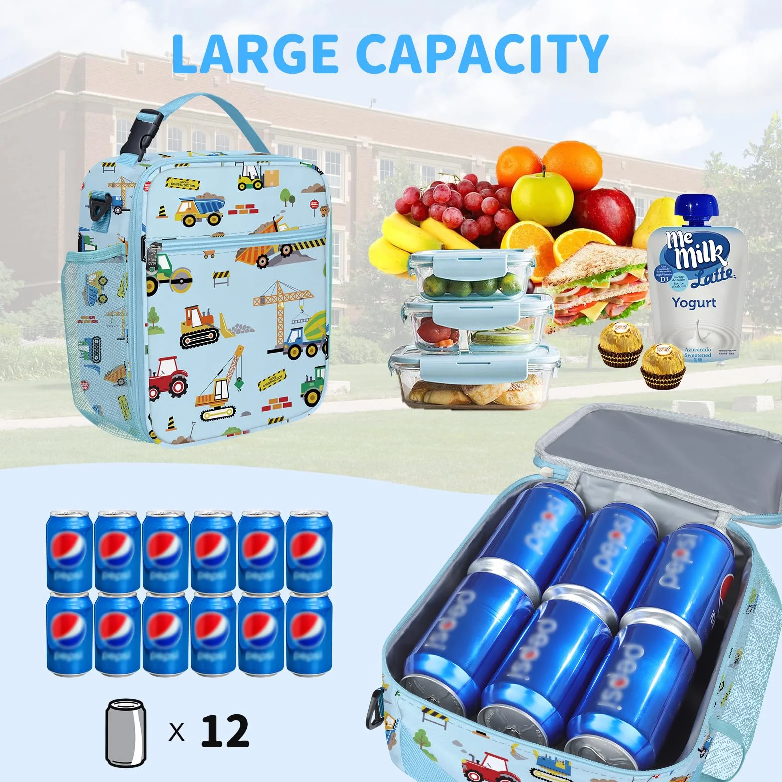 Clastyle Izolowana koparka traktorowa pudełko na lunch dla dzieci niebieska dziewczyna chłopiec samochód szkoła torba na lunch duża przenośna torba chłodząca lunch na piknik na świeżym powietrzu lekka