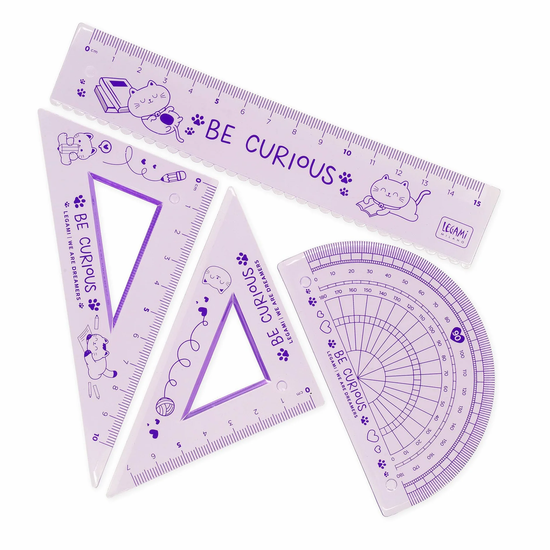 Legami - Zestaw geometrii, zestaw linijki 15 cm, zespół 60° 10 cm, kątomierz 180° do szkoły, elastyczny materiał, motyw Kitty