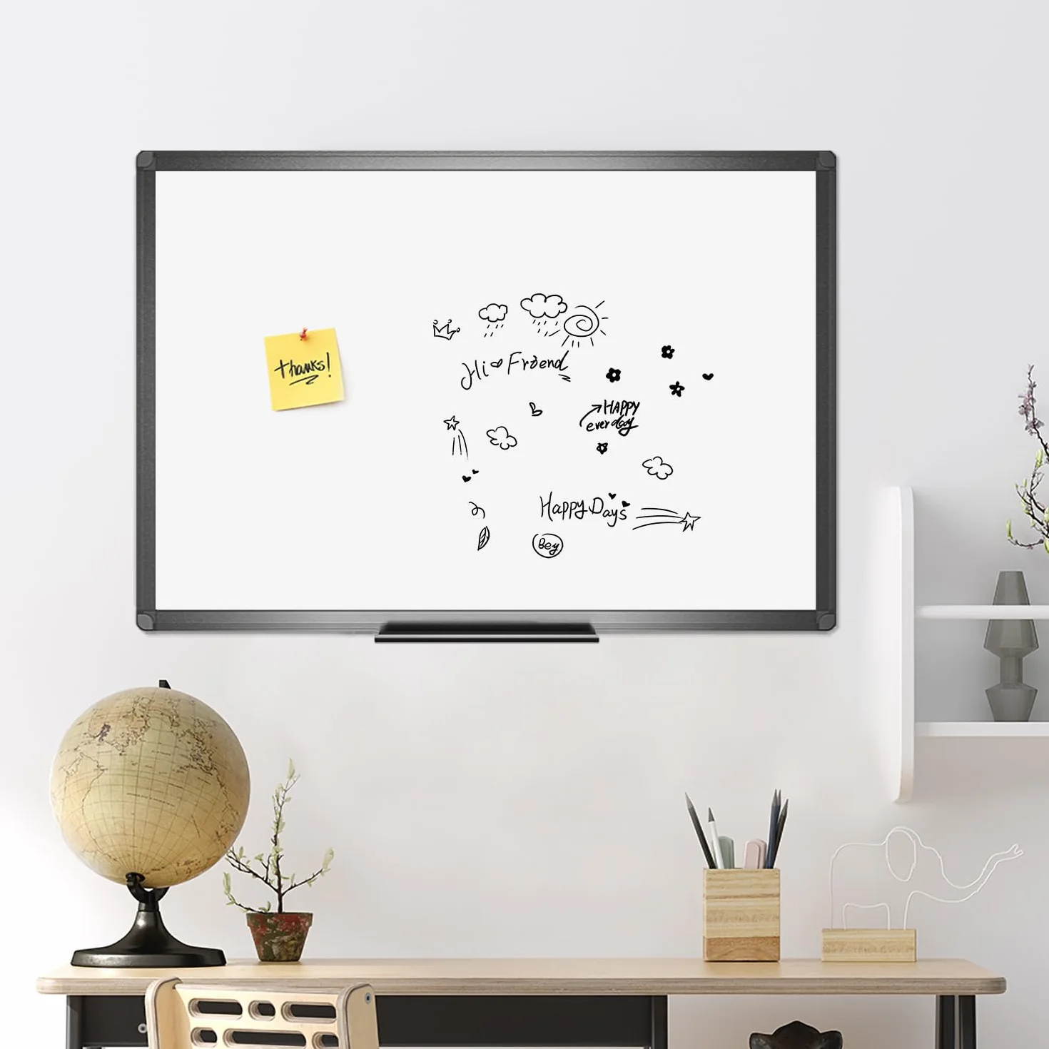 VIZ-PRO Magnetyczna tablica suchościeralna 120 x 90 cm, tablica suchościeralna z czarną aluminiową ramą i tacą na długopisy