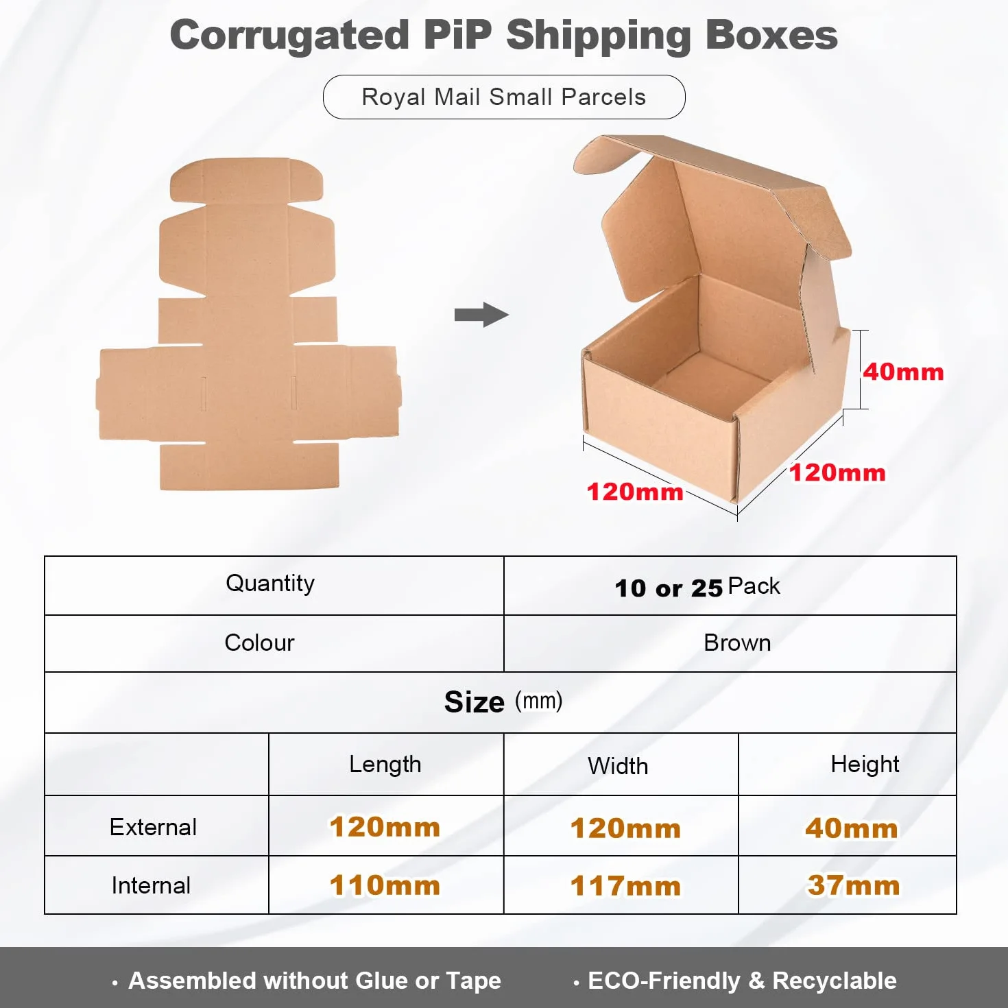 Skrzynki pocztowe z tektury falistej, 120×120×40mm, brązowe pudełka pocztowe Royal Mail Small Parcel PiP do pakowania, wysyłki, przechowywania lub prezentów (10 sztuk)