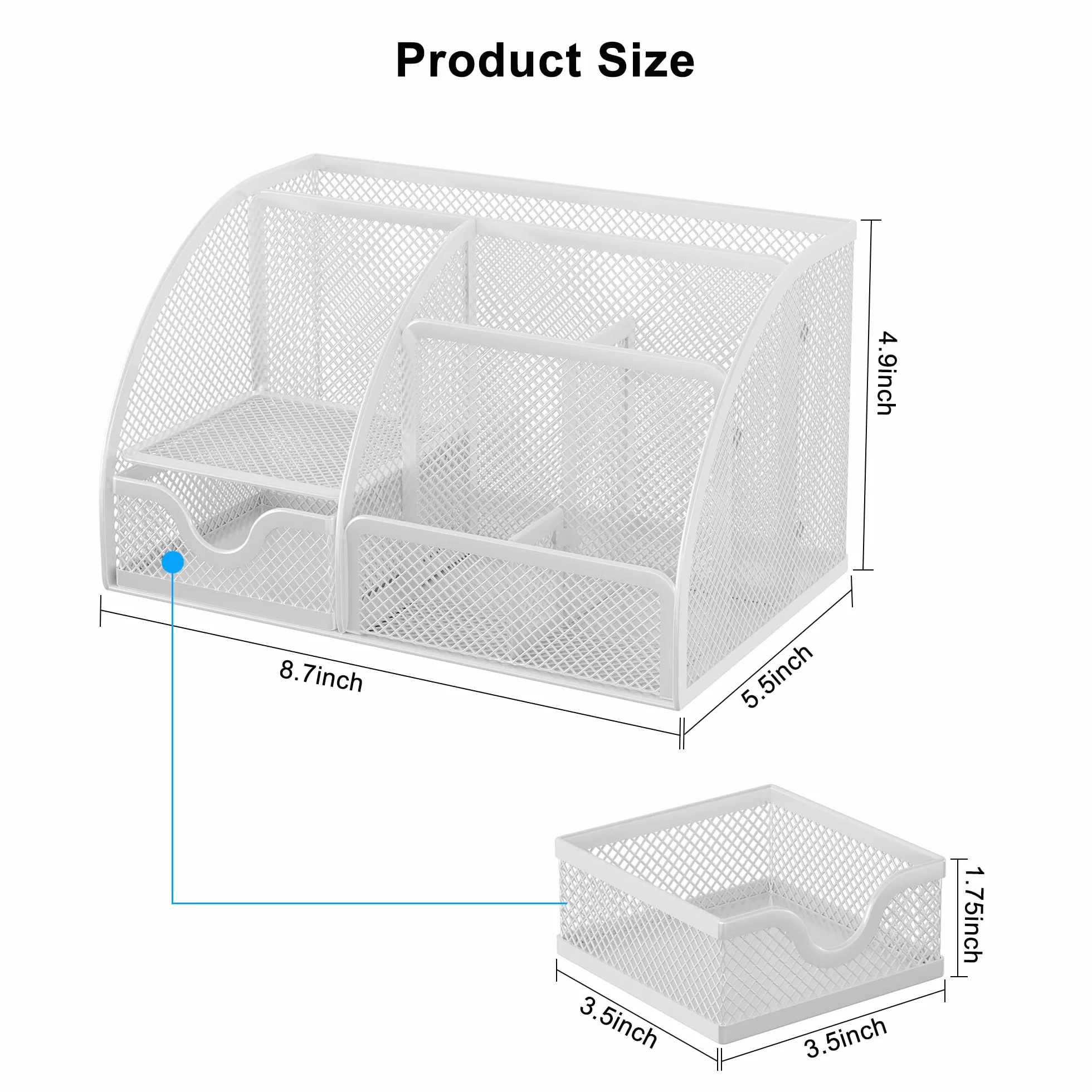 EasyPAG Organizer Biurko 7 Przedziały Metal Siatka,Uchwyt na Ołówki,Pojemnik na Długopisy,Organizer na Stół z Szuflada per Biuro & Domu,Biały