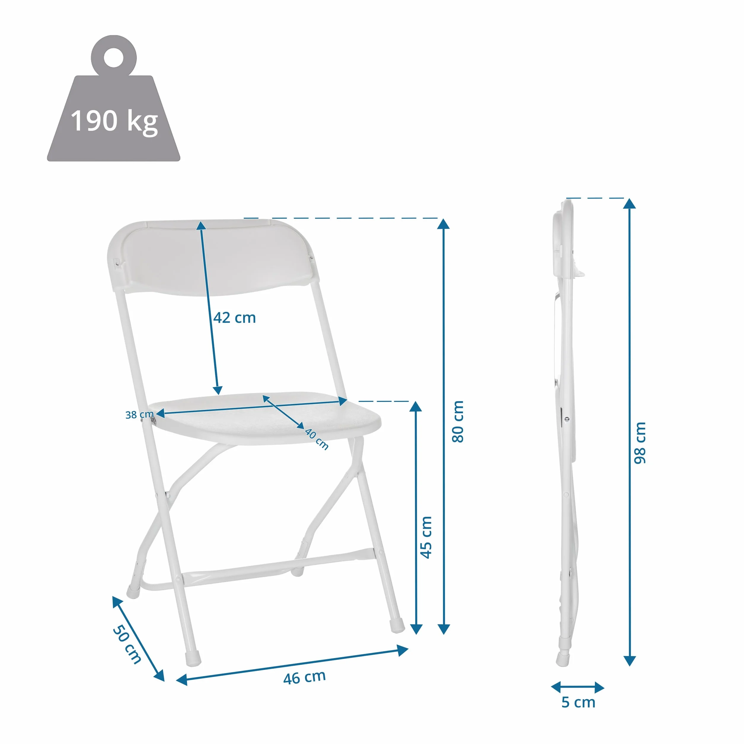 Krzesło składane TUDELA XXL W, obciążenie do 190 kg, białe