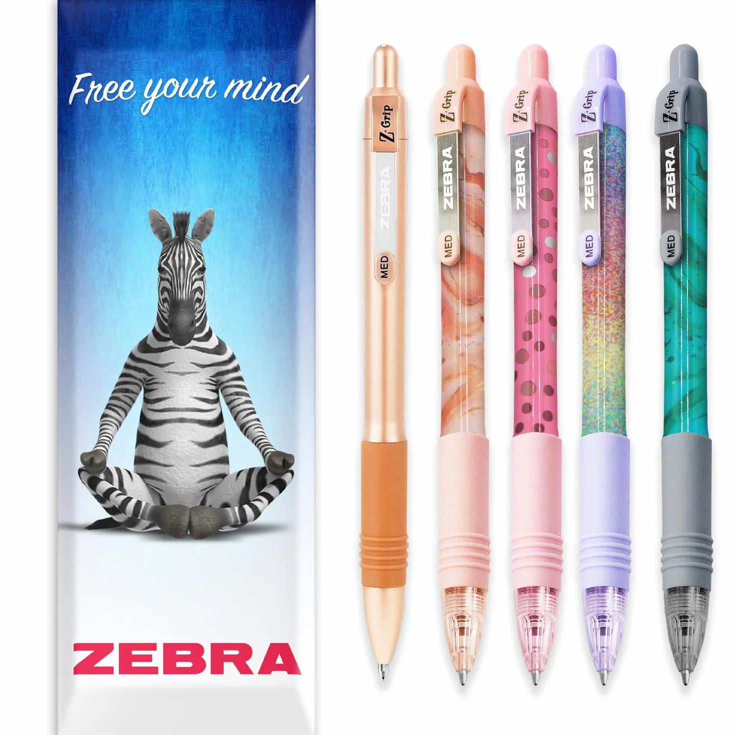 Zebra Z-Grip gładki długopis - stalówka 1,0 mm - modne beczki - w kopercie opakowanie prezentowe (5 sztuk)