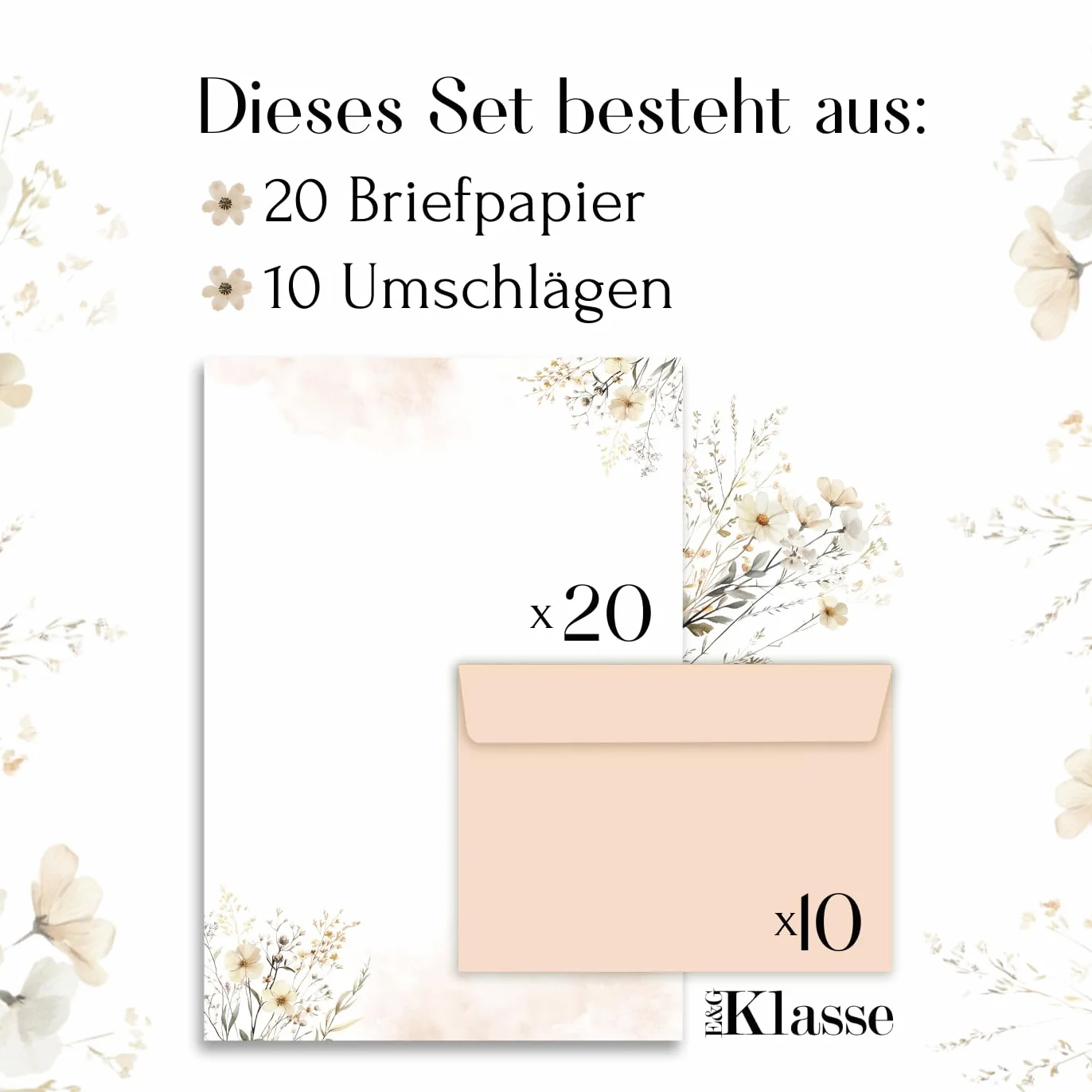 20x Papier listowy z motywem kwiatów z 10 kopertami w kolorze beżowym E&G Klasse dla dorosłych A4 Pastelowy beżowy Papier na zaproszenia Papier listowy w stylu przyrody Papier do korespondencji