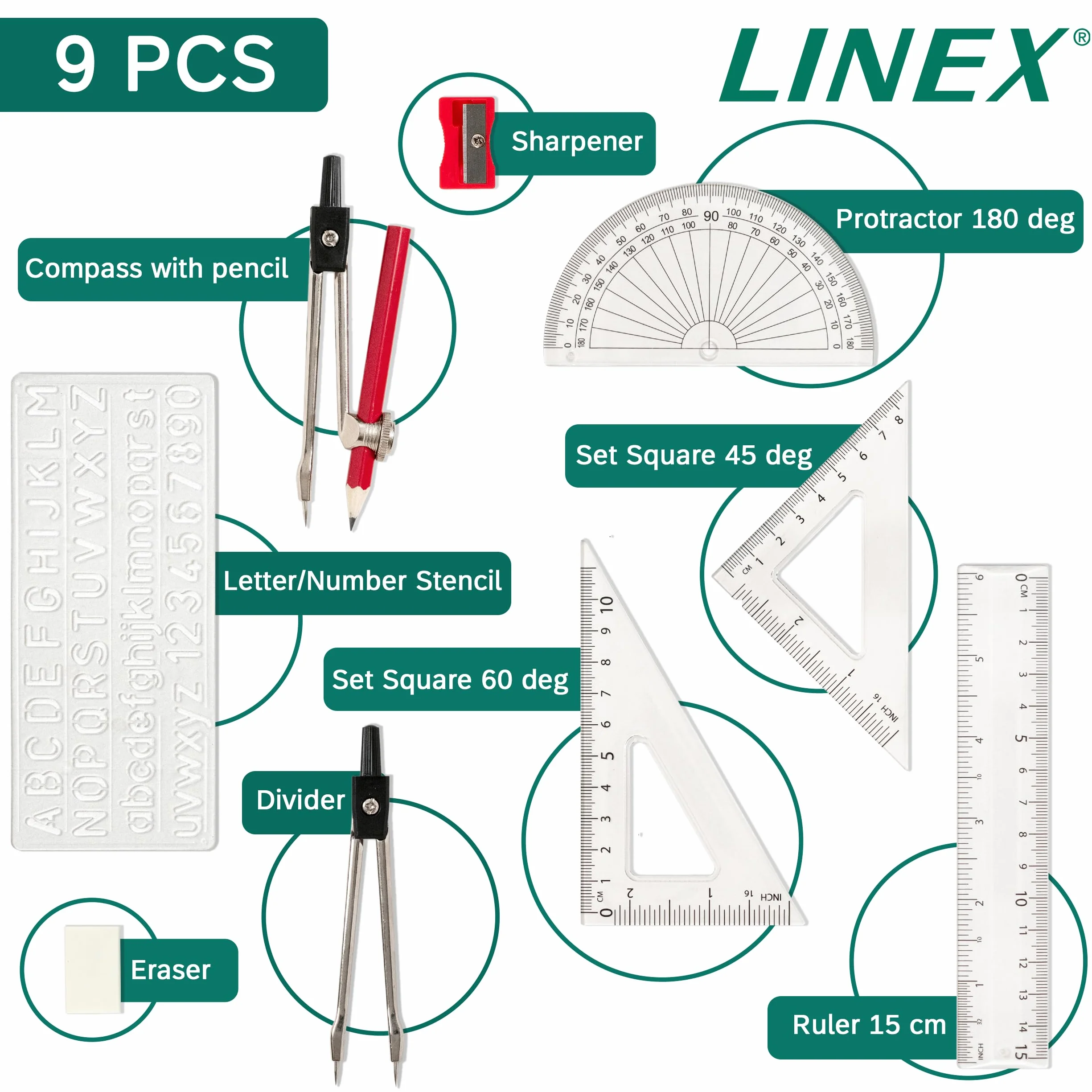Linex Zestaw do matematyki dla studentów, zestaw geometryczny w puszce, 10 sztuk, kompas, kątomierz