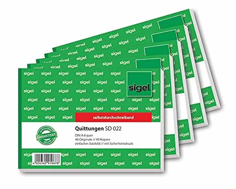 SIGEL SD022 blok pokwitowań A6 poprzeczny, 5 sztuk, 2 x 40 arkuszy, samokopiujący, z 1 dziurkowaniem, mikroperforowany, z papieru zrównoważonego