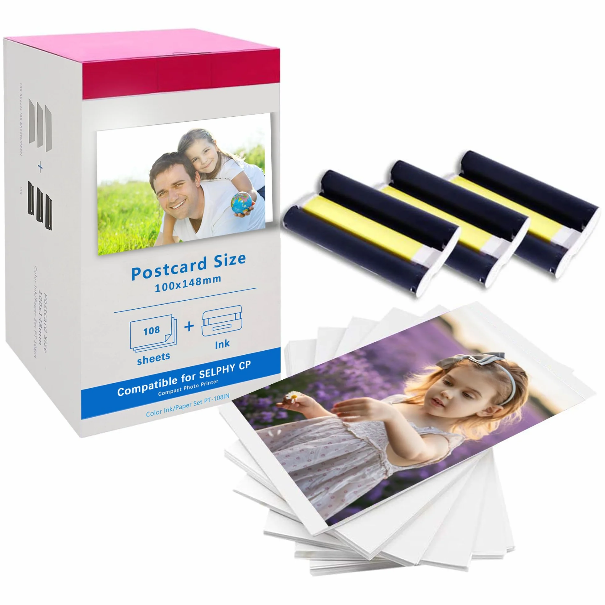 LCL Kompatybilny z Canon Selphy CP1500 CP1300 CP1000 CP1200 CP910 Zestaw papieru fotograficznego i atramentowego, 100 x 148 mm, 108 arkuszy papieru i 3 kolorowe kasety atramentowe do Canon Selphy KP