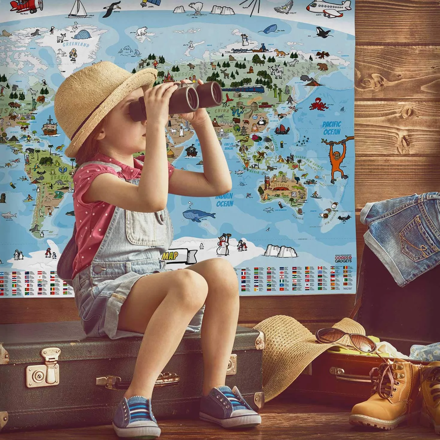Panoramiczna mapa świata dla dzieci XXL 140 x 100 cm ręcznie rysowana kolorowana Angielski