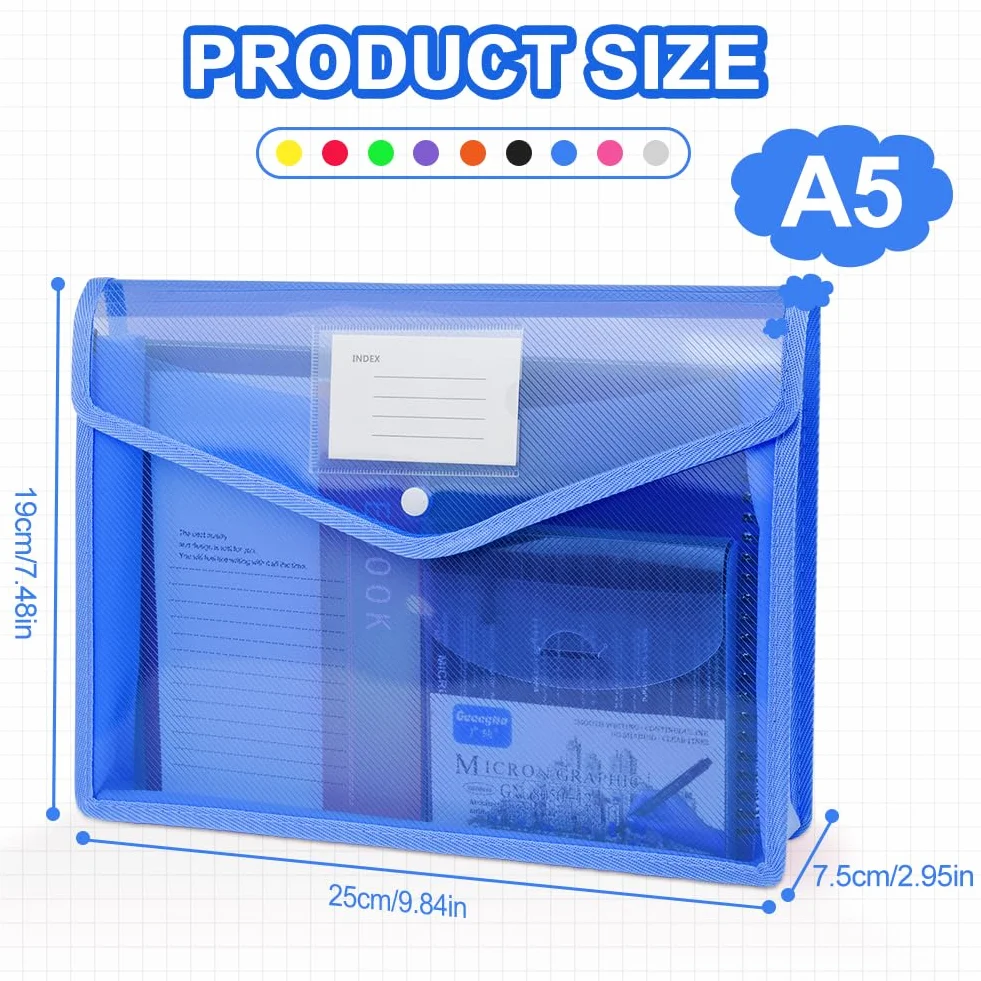 Vicloon 5 sztuk plastikowy teczka na dokumenty A5, segregator z przezroczystą konstrukcją i kieszenią, plastikowe segregatory na dokumenty z zatrzaskiem, biuro, szkoła-wielokolorowa/pozioma