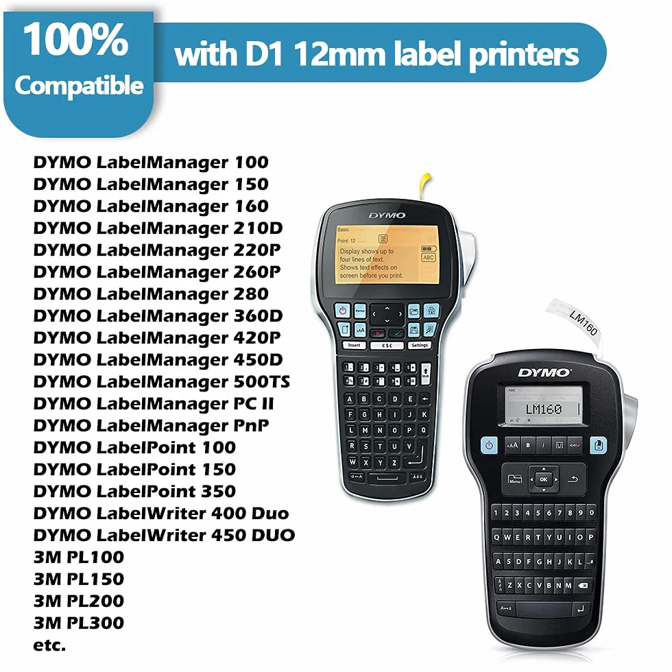 7x Hehua D1 12mm Zamiennik Taśmy do Dymo D1 45013 (2PK) 45010 45016 45017 45018 45019, Kompatybilna z Dymo LabelManager 160 210D 260P 360D LabelWriter 40D 0 450 Duo (12mm x 7m)