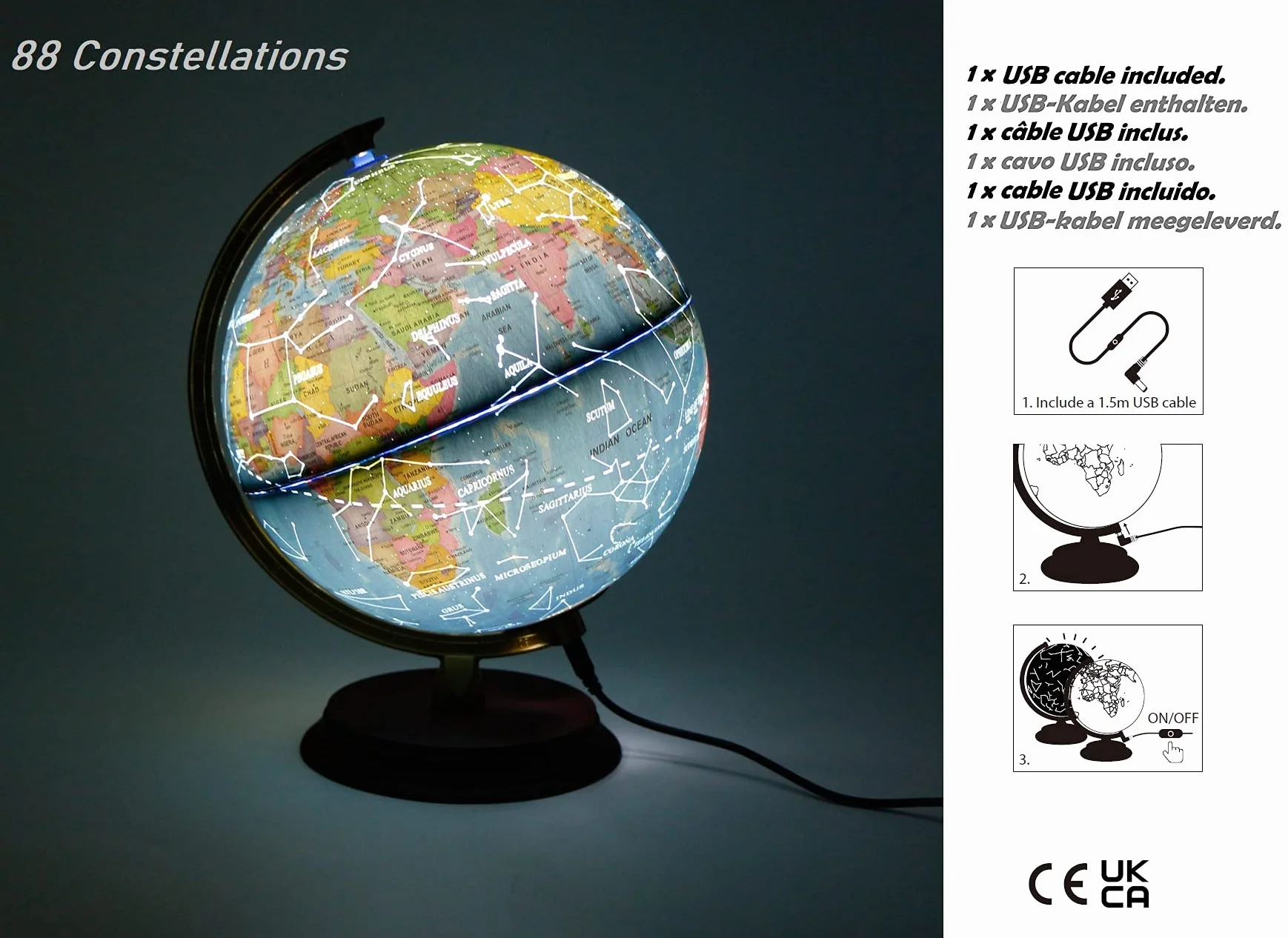 EXERZ Podświetlany Globus 20 cm Drewniana Podstawa Mapa Polityczna Angielski Lampa LED 2w1