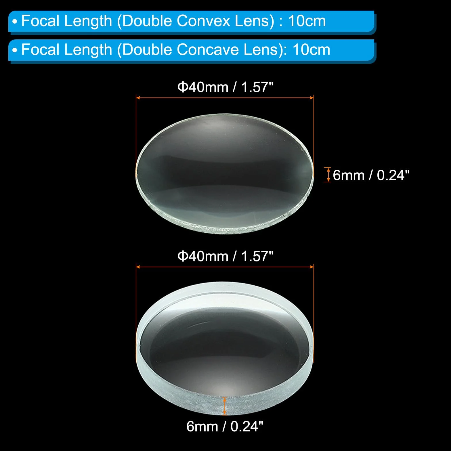 PATIKIL Ogniskowa 10 cm 40 mm podwójne wypukłe i 10 cm ogniskowa 40 mm podwójny wklęsły obiektyw 1 zestaw, 2-pak szkła optycznie polerowane okrągłe krawędzie soczewki do fizyki eksperymentów