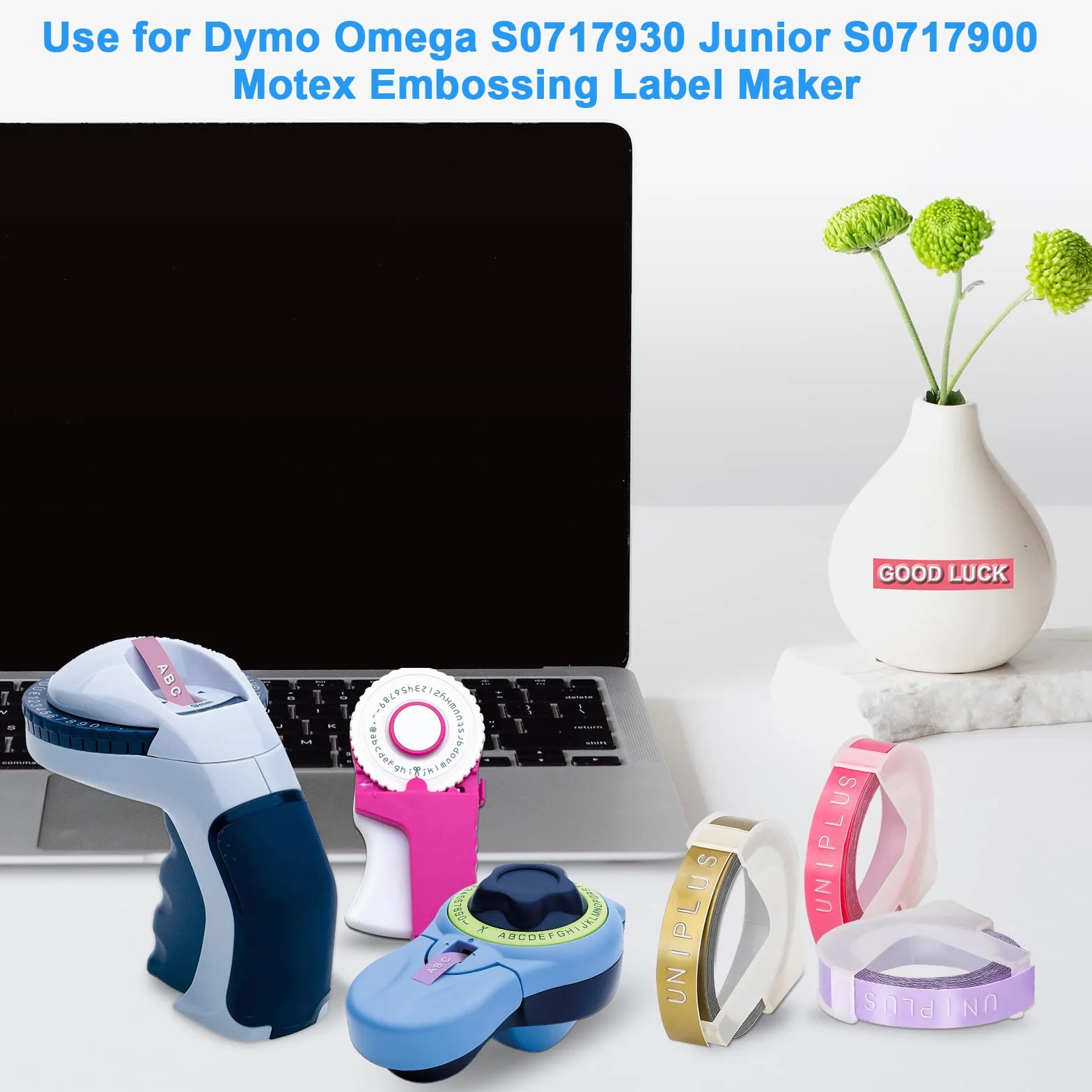 UniPlus 6 x kompatybilna taśma do wytłaczania 3D jako zamiennik do klejonych taśm Dymo do wytłaczania Dymo Omega Junior, 9 mm x 3 m, 2 x kolor biały na czarnym, 1 x kolor biały na złotym/szampańskim złocie/srebrnym/przezroczystym