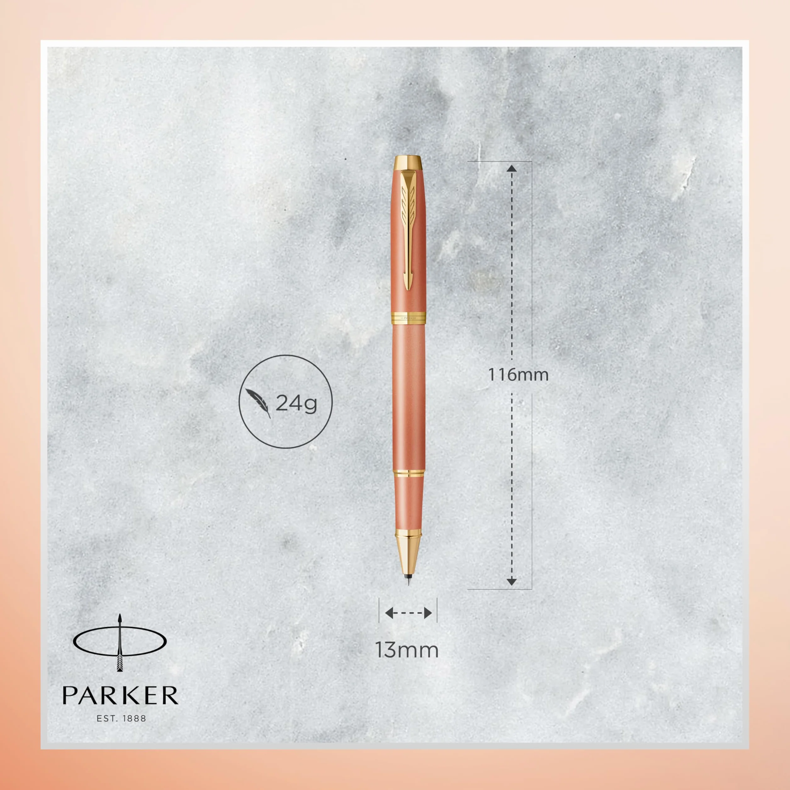 Pióro kulkowe Parker IM Writing Rituals, pomarańczowy odcień Uplifting Orange z gradientem i złotym wykończeniem, końcówka fine, czarny atrament, opakowanie prezentowe