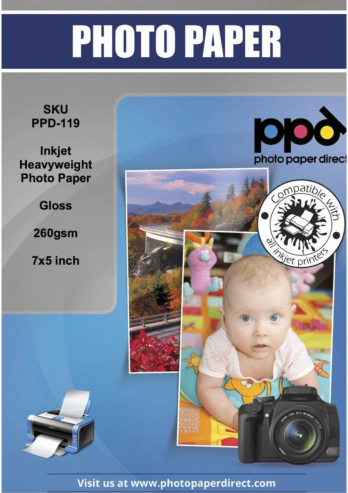 PPD 100 Fogli 13x18cm (7x5'') 260g Błyszczący Papier Fotograficzny do Drukarek Atramentowych - PPD-119-100