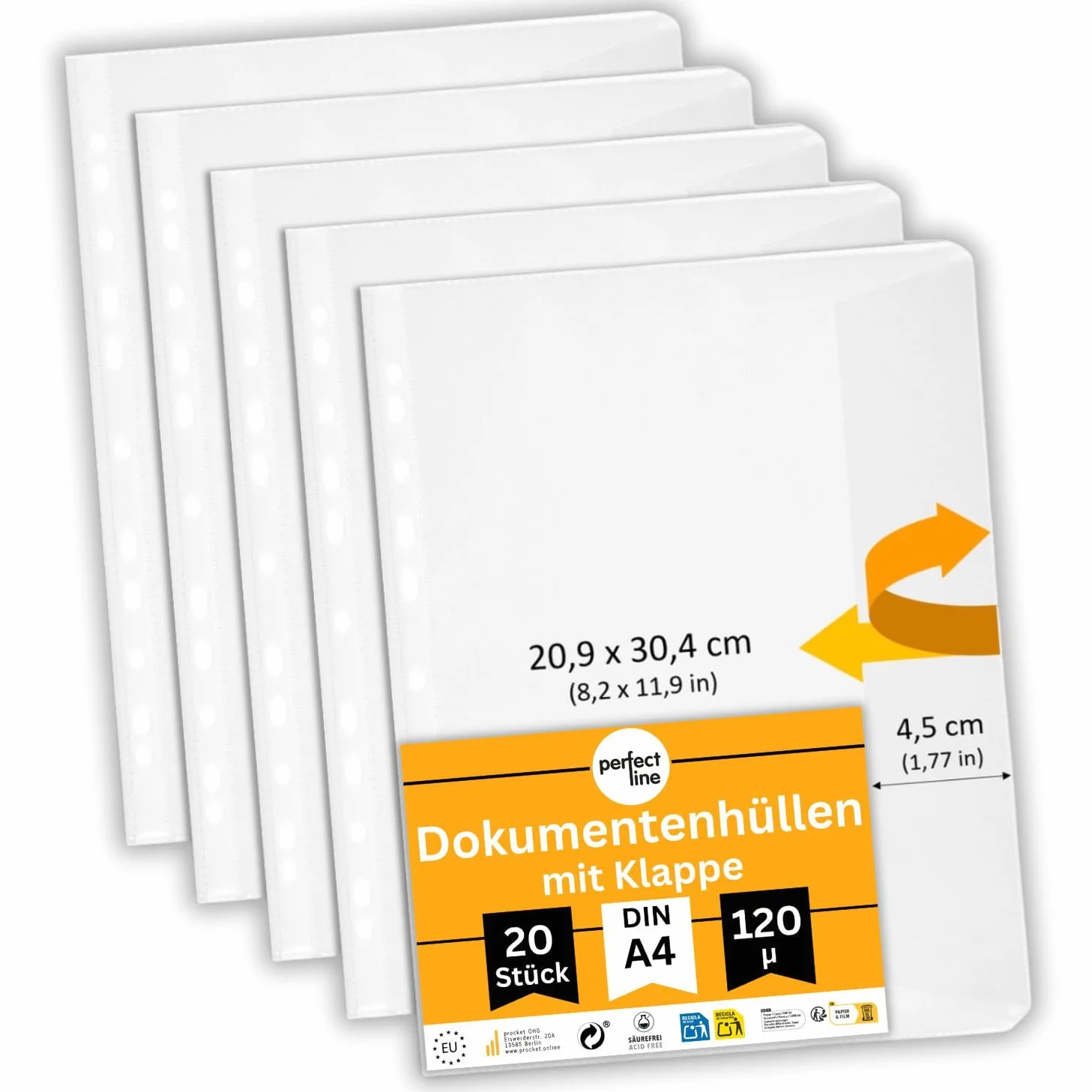 perfect line 20 Koszulki na dokumenty z klapką DIN-A4, Przezroczyste Koszulki Foliowe, Foliowe Koszulki A4 Groszkowane, Koszulki do Segregatora, Transparentne, bezkwasowe, chroniące dokumenty