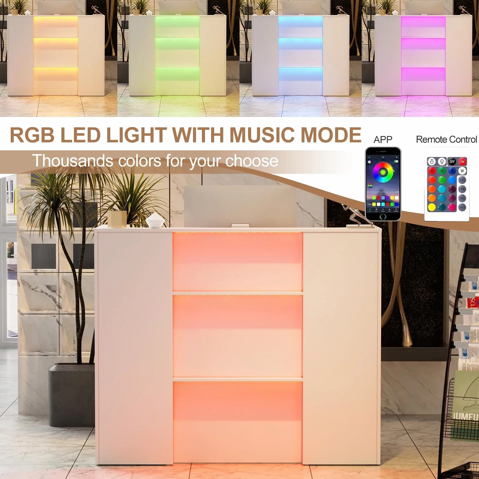 Lada recepcyjna z diodami LED 120x100x50 cm z szufladami i półkami