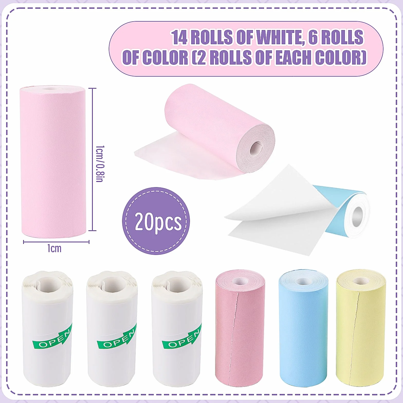 Mini naklejki na drukarkę, 20 rolek papieru termicznego do aparatu dziecięcego (57 x 25 mm)