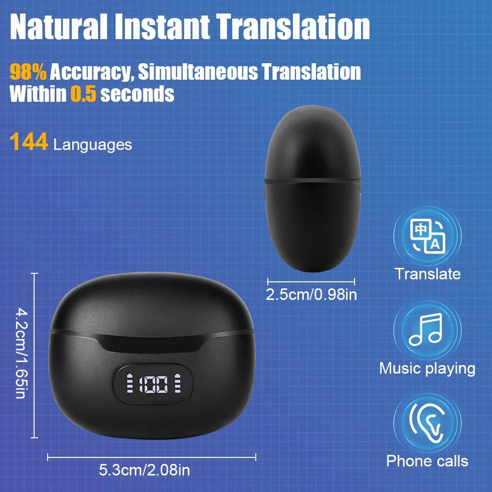 Ainiv AI Słuchawki do tłumaczenia 144 języków Bluetooth 5.3 3 w 1
