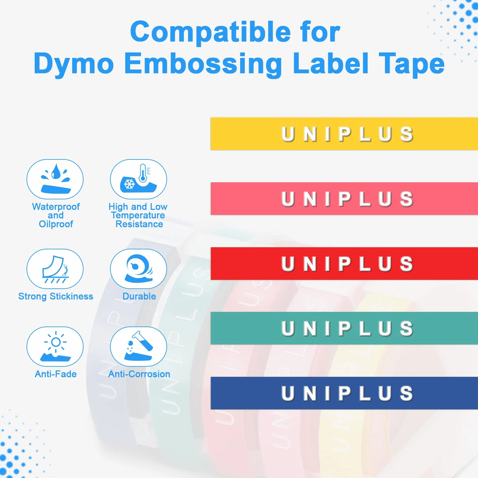 UniPlus 6 x kompatybilna taśma do wytłaczania 3D jako zamiennik do klejonych taśm Dymo do wytłaczania Dymo Omega Junior, 9 mm x 3 m, 2 x kolor biały na czarnym, 1 x kolor biały na złotym/szampańskim złocie/srebrnym/przezroczystym
