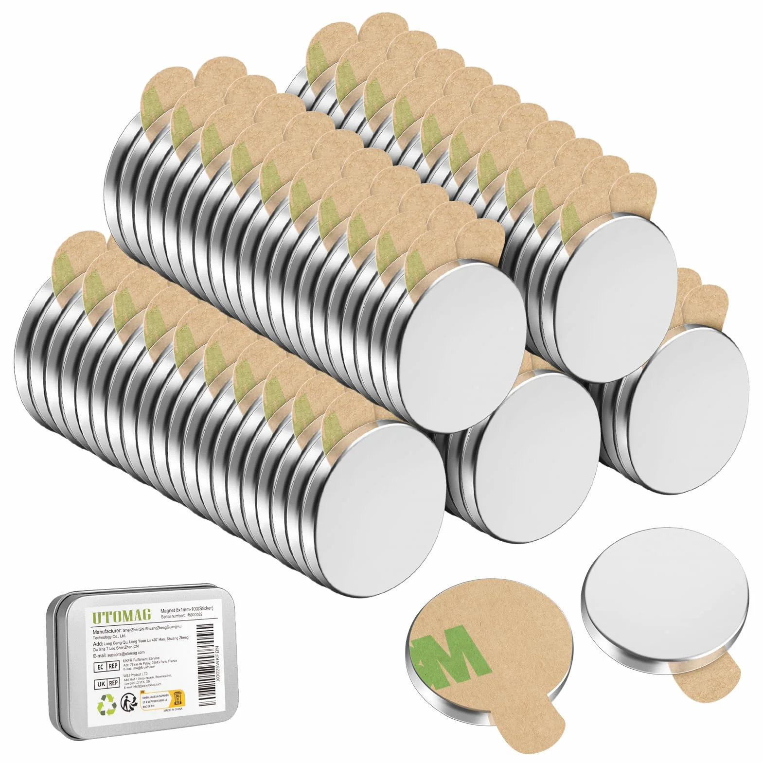 UTOMAG Samoprzylepnych Magnesów Mocne - 8x1mm, 100 Sztuk - Wielofunkcyjne Silne Magnesy Neodymowe do Użytku w Parach, Idealne do Lodówek, Tablic Magnetycznych, Zdjęć, Rękodzieła, Kuchni oraz Biur