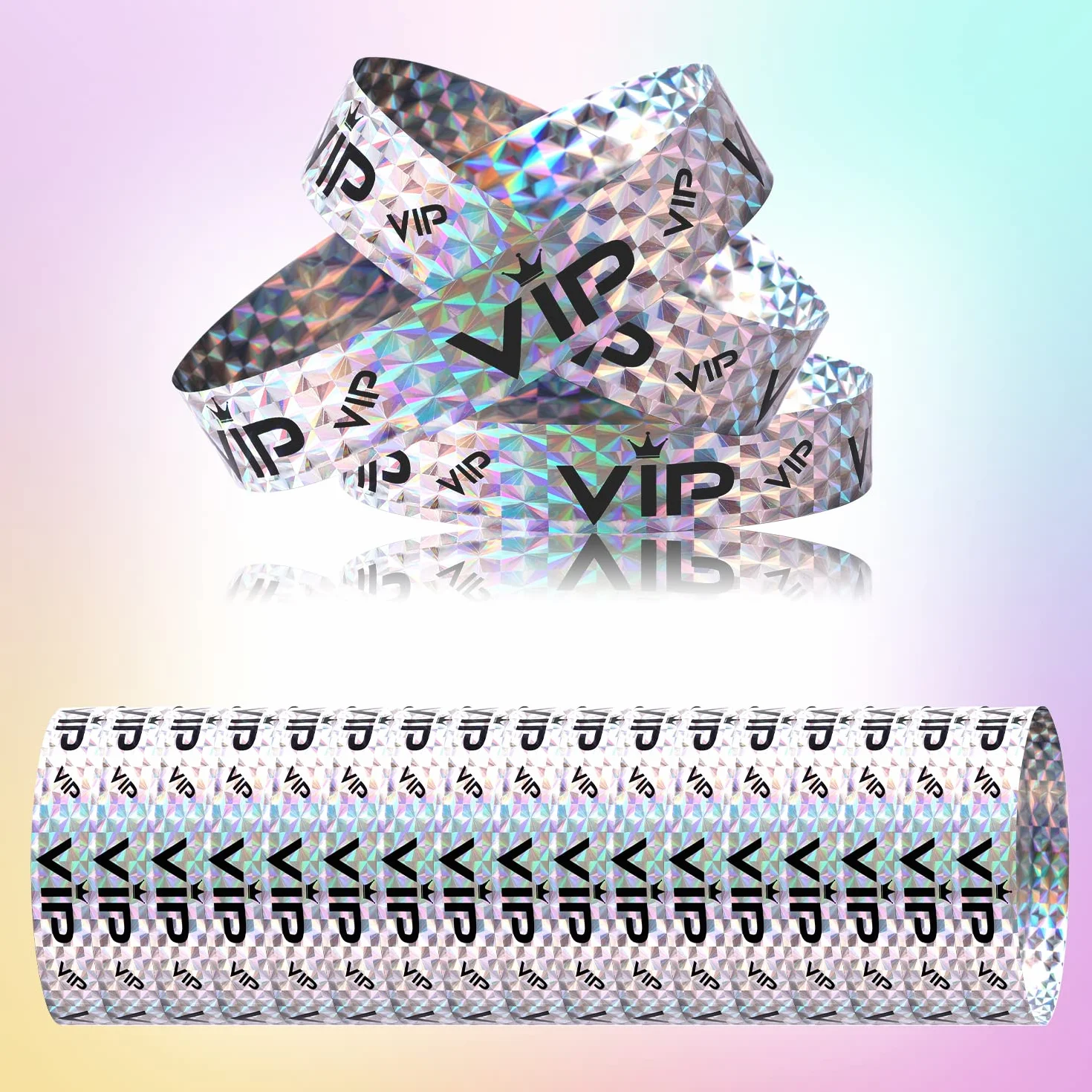500szt. Opaski VIP, Opaski VIP Papierowe opaski imprezowe Bransoletki papierowe Opaski VIP Opaski na Imprezy Wejscie VIP Party Muzyka Festiwal Koncerty (Holograficzny Srebrny)