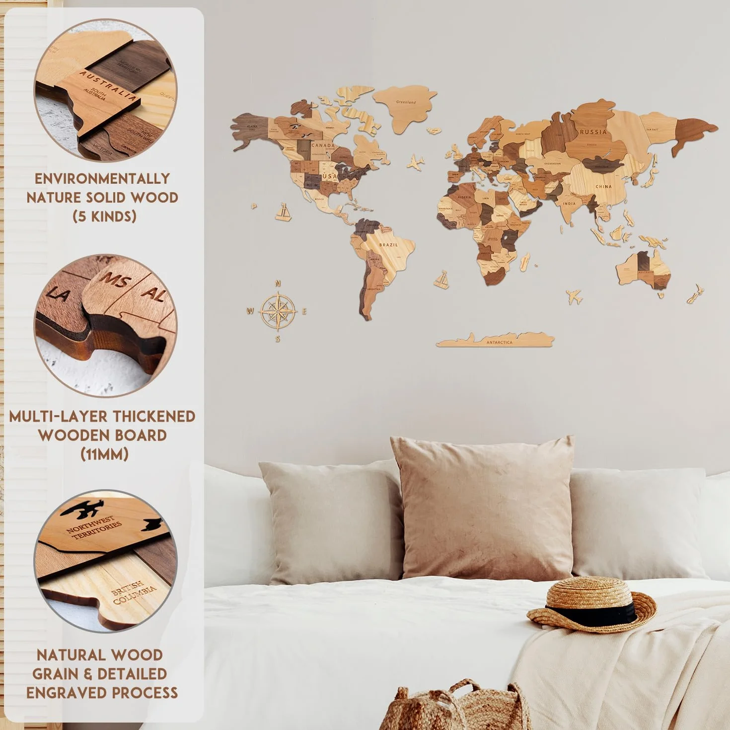 Creawoo Dekoracja Ścienna Mapa Świata 3D, Wielowarstwowa Mapa Drewna, 150 x 85 cm