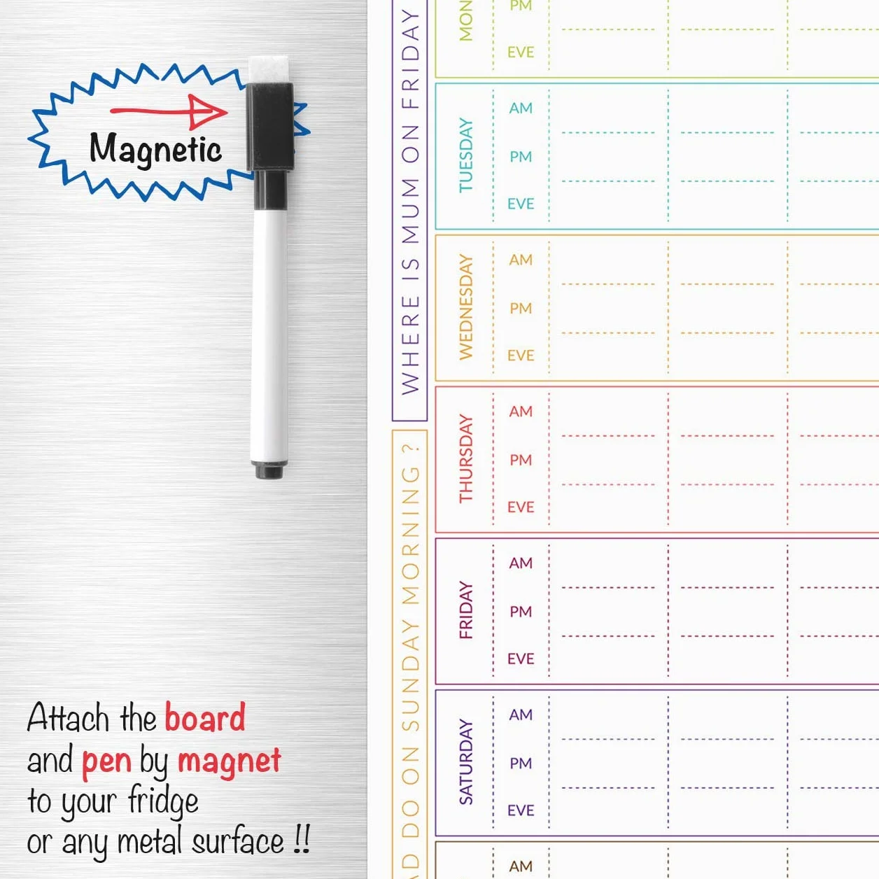 CKB LTD® 7-dniowy magnetyczny PLANER RODZINNY na lodówkę, miejsce na tablicy do lodówki dla maksymalnie 6 osób, codzienny tygodniowy harmonogram obowiązków, zadanie, tabela nagród z markerem, czasowe
