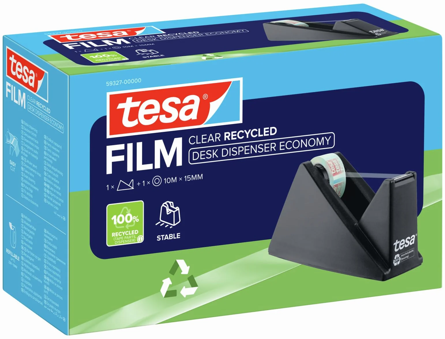 tesa DYSPENSER BIURKOWY ECONOMY RECYCLED - obudowa z 100% tworzywa z recyklingu, dyspenser stołowy z 1 rolką tesafilm CLEAR RECYCLED 10 m x 15 mm