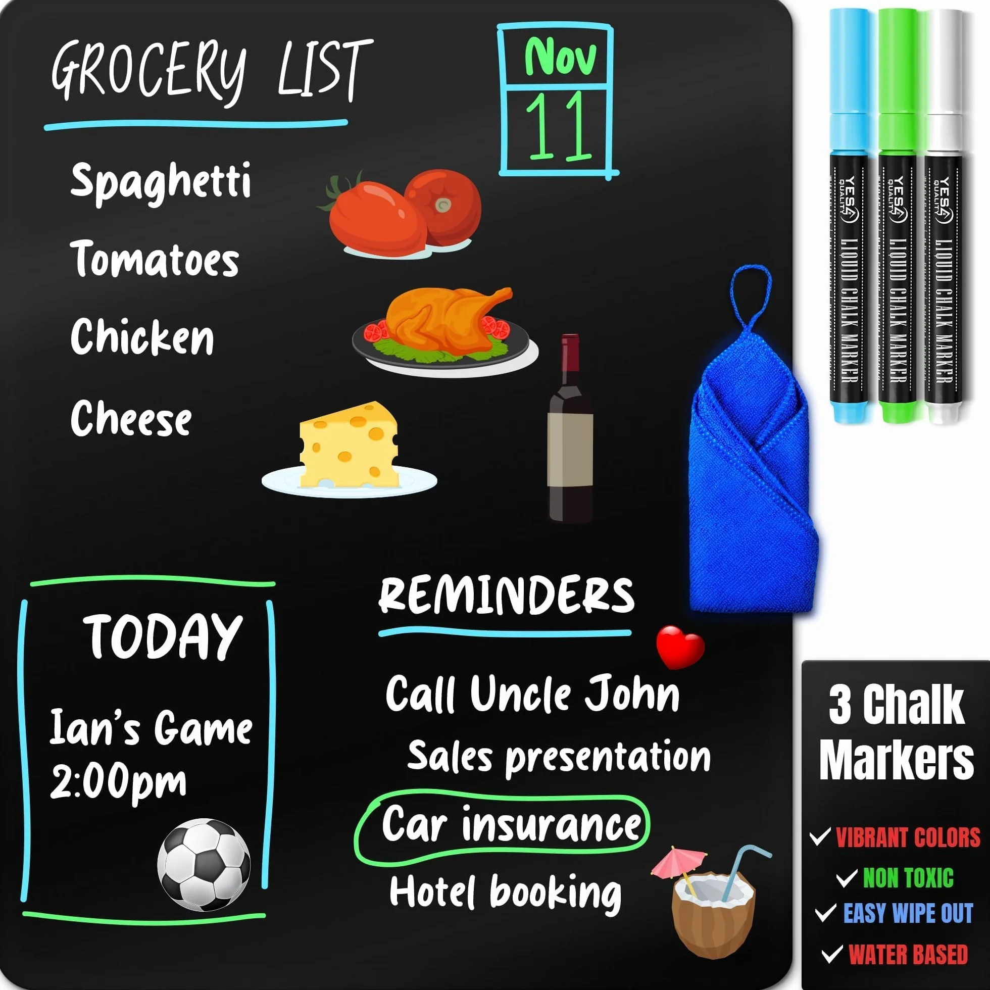 Magnetic Black Dry Erase Board for Fridge - A3 / 43 x 28cm - Stain-Resistant w/ 3 Magnetic, Fine-Tip Neon Chalk Markers & Eraser - by Yes4Quality